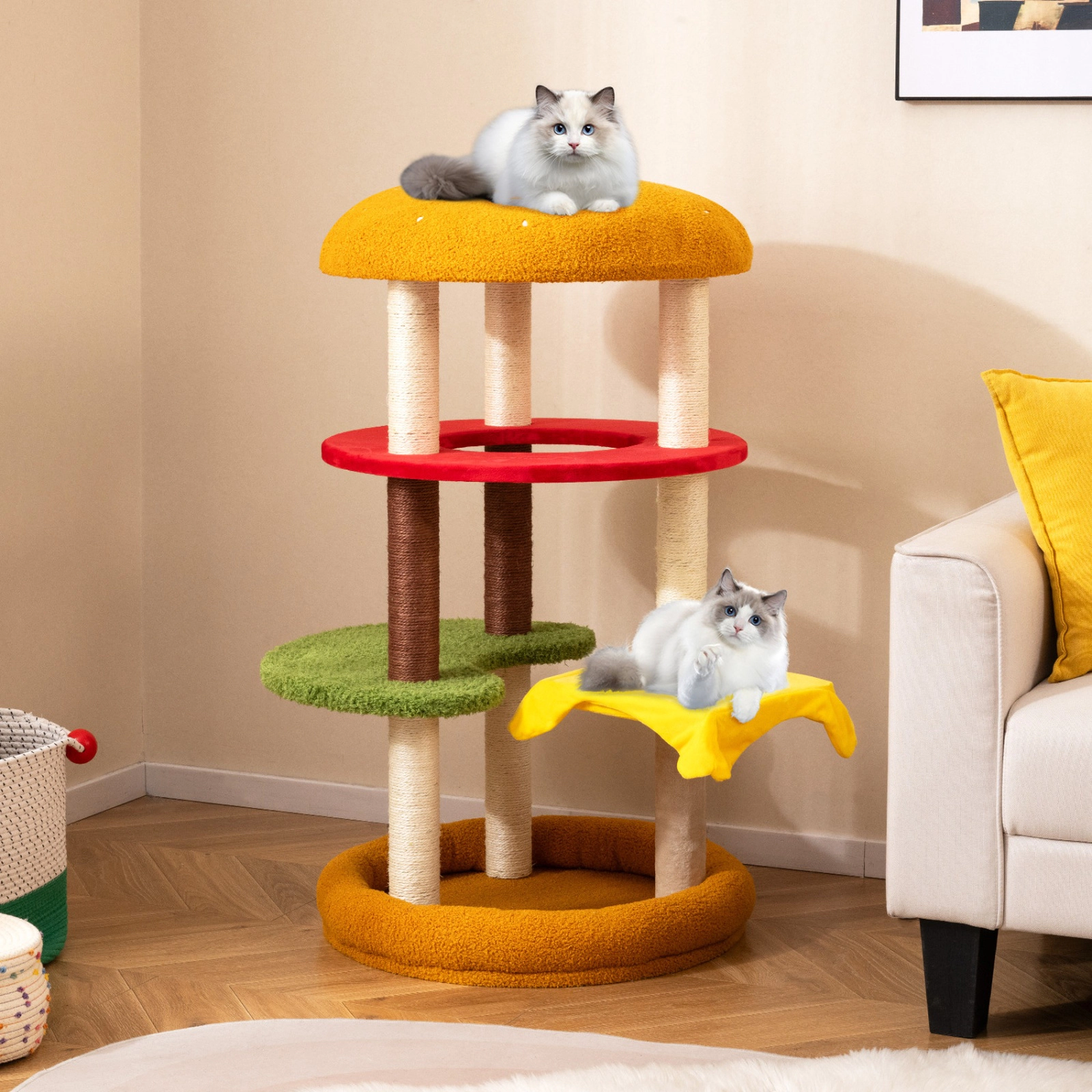 SUGIFT Yellow 42 in Hamburger Cat Tree with 24 in Padded Perch and Cat Bed