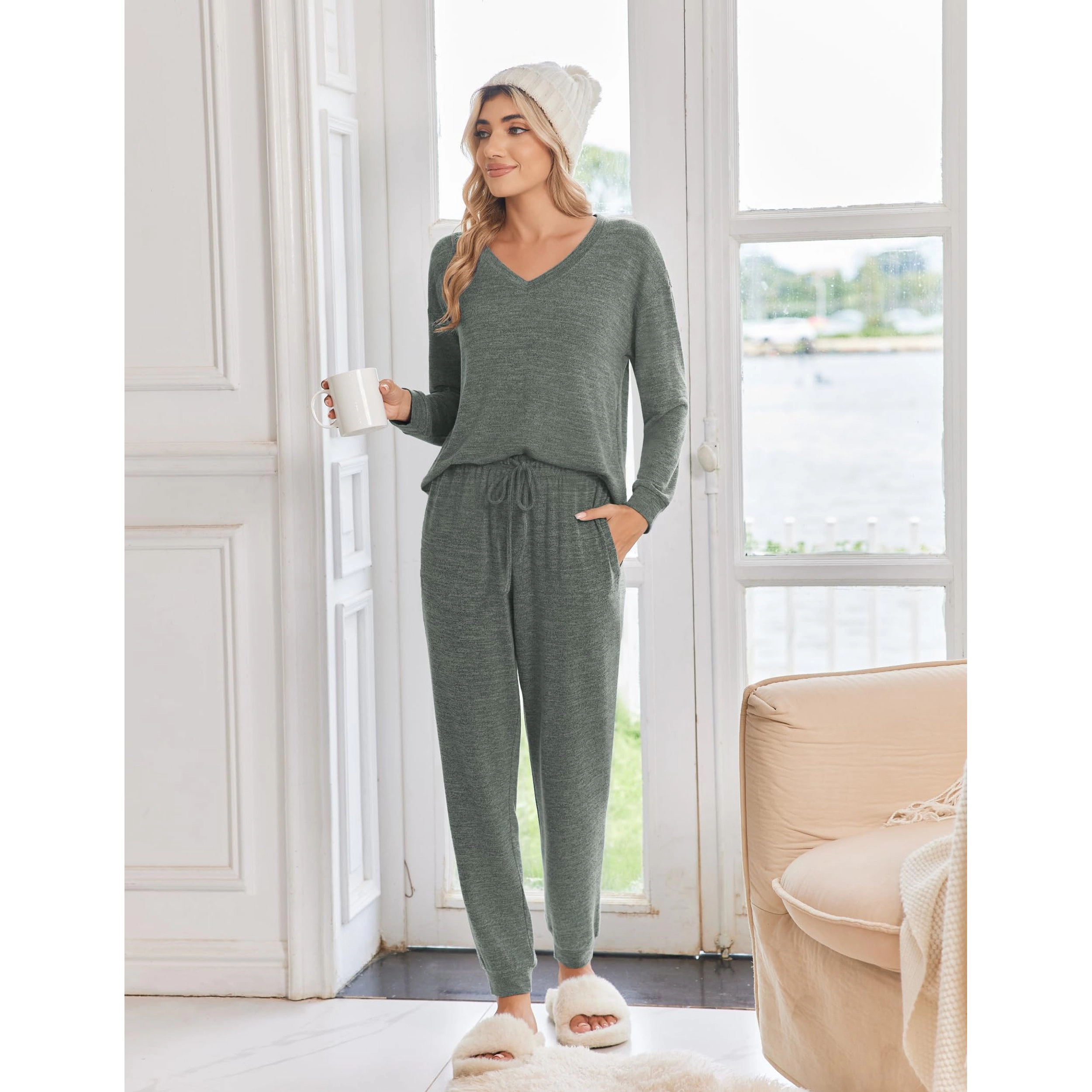 Ekouaer Womens Jogger Pajama Sets Long Sleeve Top and Pants Lounge Two Piece Pajamas Sleepwear