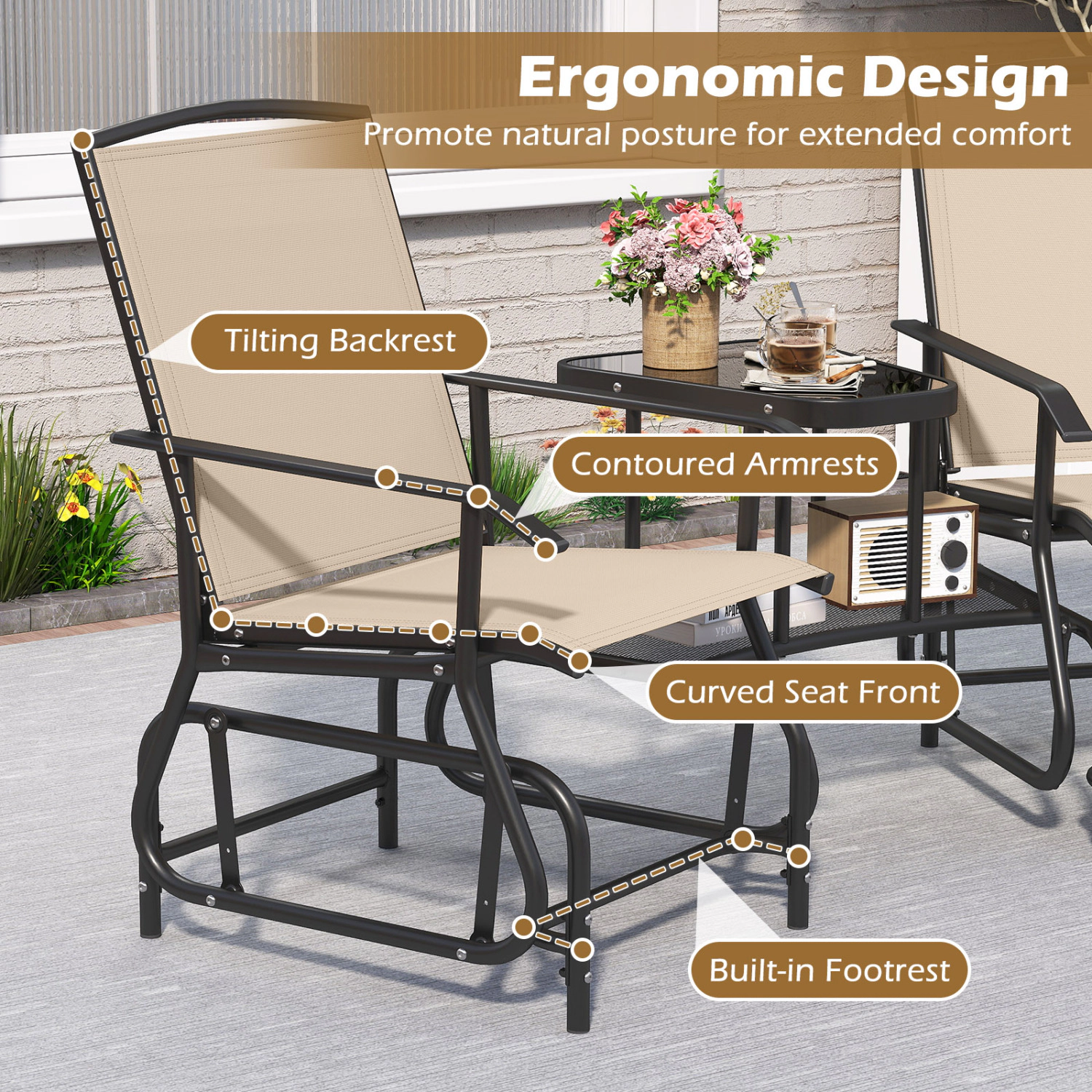 Hivvago 2-Seater Outdoor Glider Bench With 2-Tier Center Table
