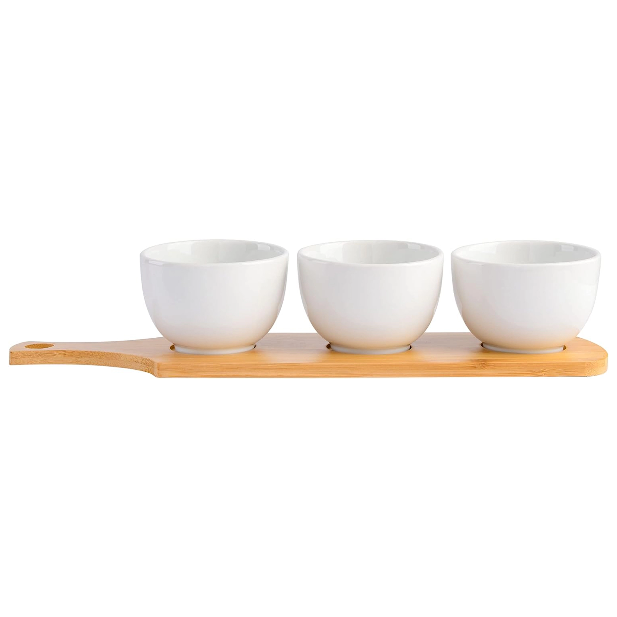 Gibson Gracious Dining 3 Piece White Fine Ceramic Tidbit Bowl Set with Bamboo Serving Tray