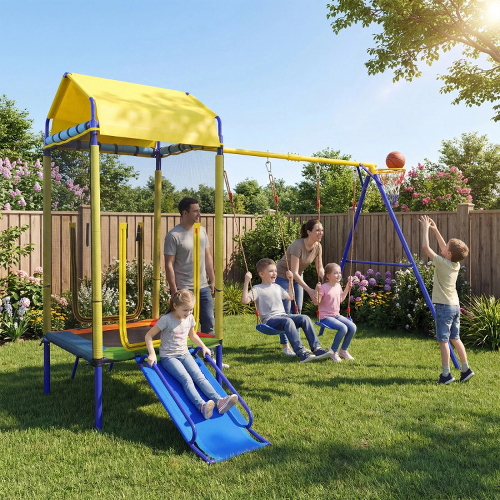 SUGIFT 5-in-1 Kids Outdoor Swing Set with Trampoline and Basketball Hoop 330-lb Trampoline Capacity 8+ Years Yellow+Blue