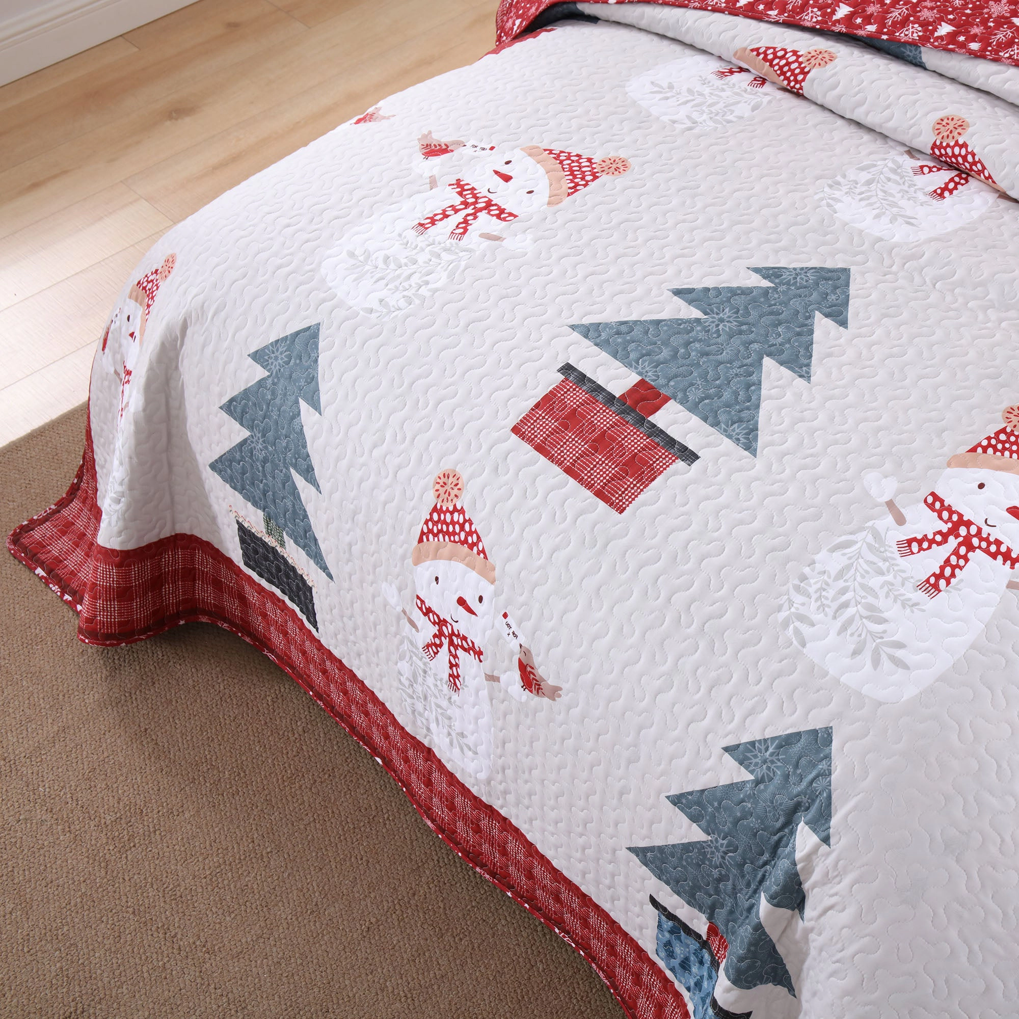 MarCielo 3 Piece Christmas Quilt Bedspread Set,Snowman & Tree Holiday Bedding Set