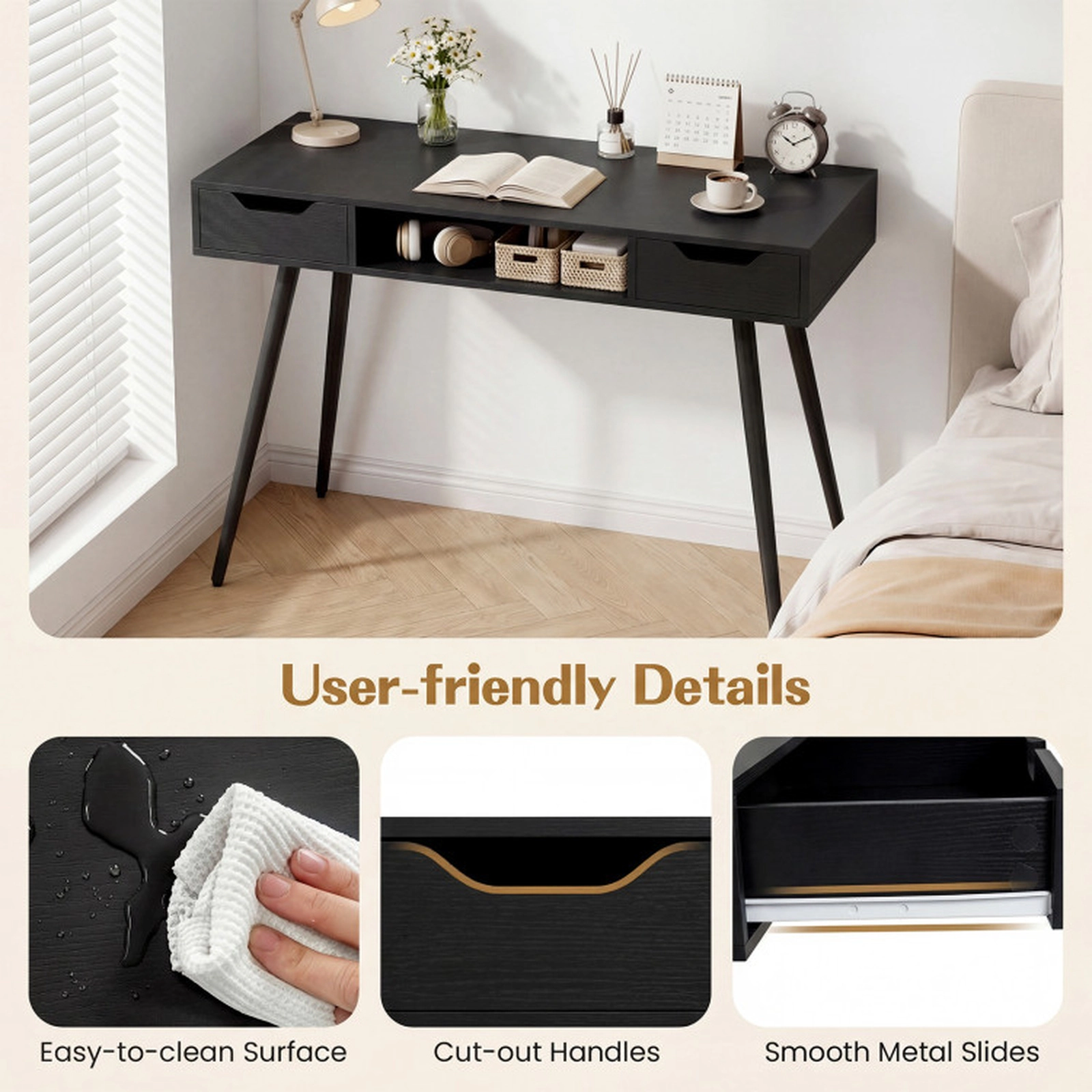 SUGIFT 42.5-in Black Mid-Century Modern Writing Desk with 2 Drawers