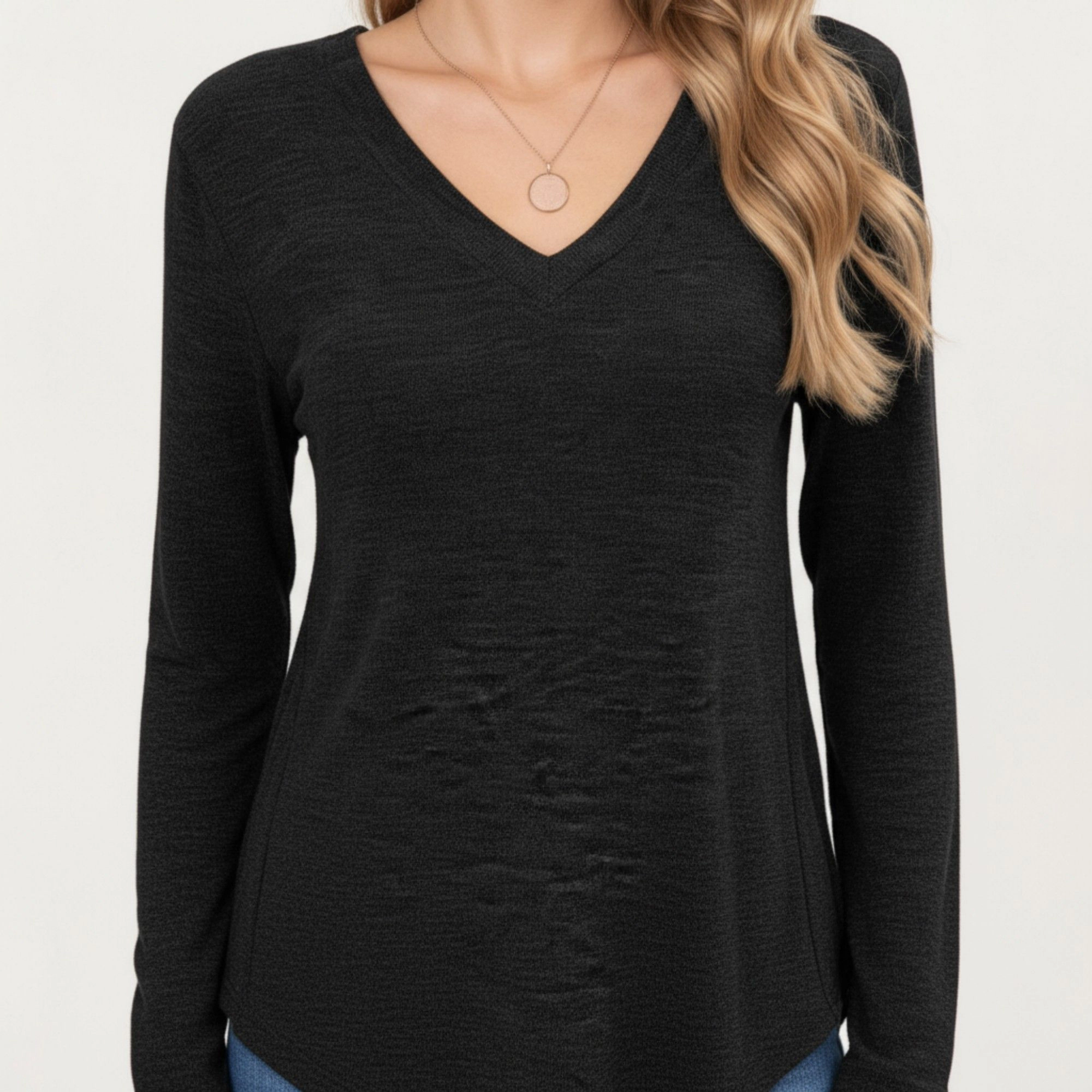 Anna-Kaci Women's V-Neck Curved Hem Relaxed Fit Long Sleeve Knit Top