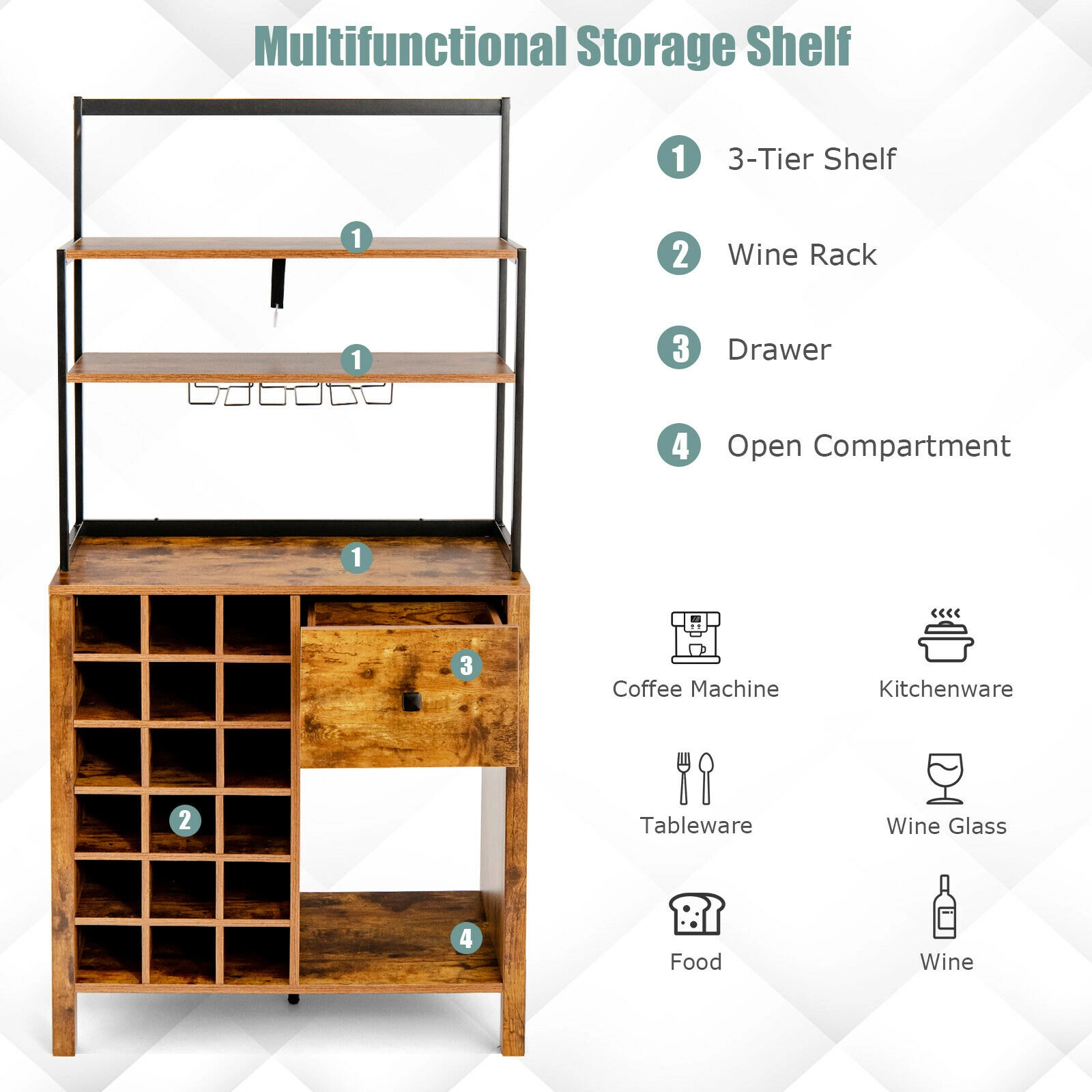 SUGIFT 64-in 3-Tier 66-lb Shelf Rustic Brown Bakers Rack with 18-Bottle Wine Rack Glass Holder and Drawer