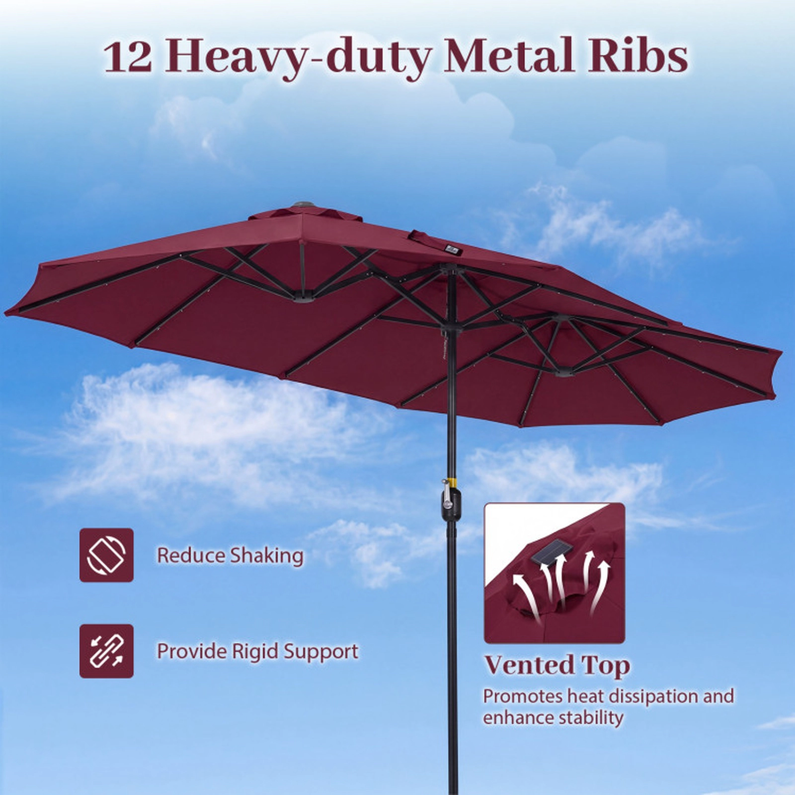 SUGIFT 13-ft Wine Double-Sided Rectangle Market Patio Umbrella with 36 Solar LED Lights and 12 Ribs