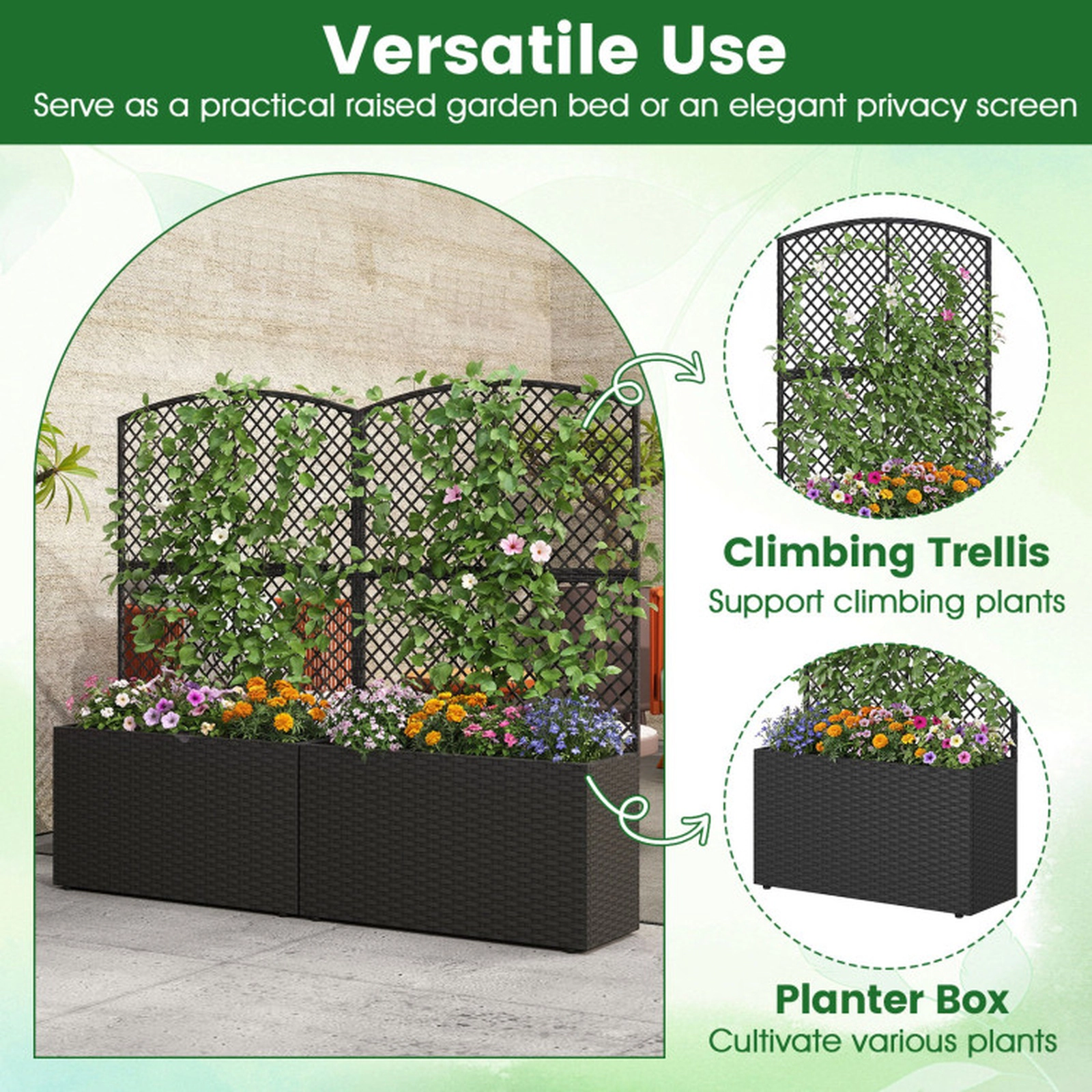 SUGIFT Set of 2 130-lb Capacity 49-in Raised Garden Beds with Climbing Trellis and Hand-Woven Rattan Boxes