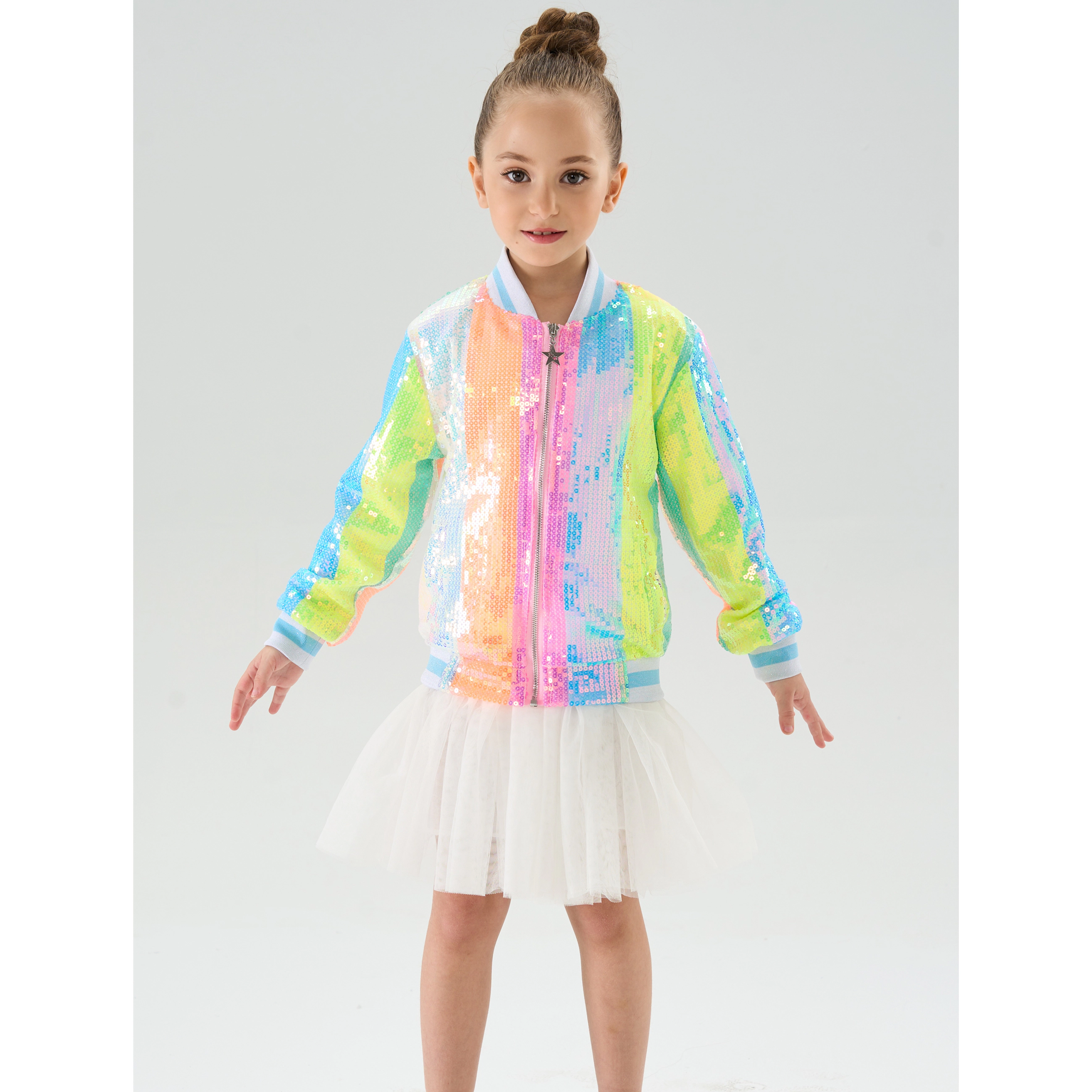 2Bunnies Girls’ Neon Pastel Stripe Sequin Bomber Jacket