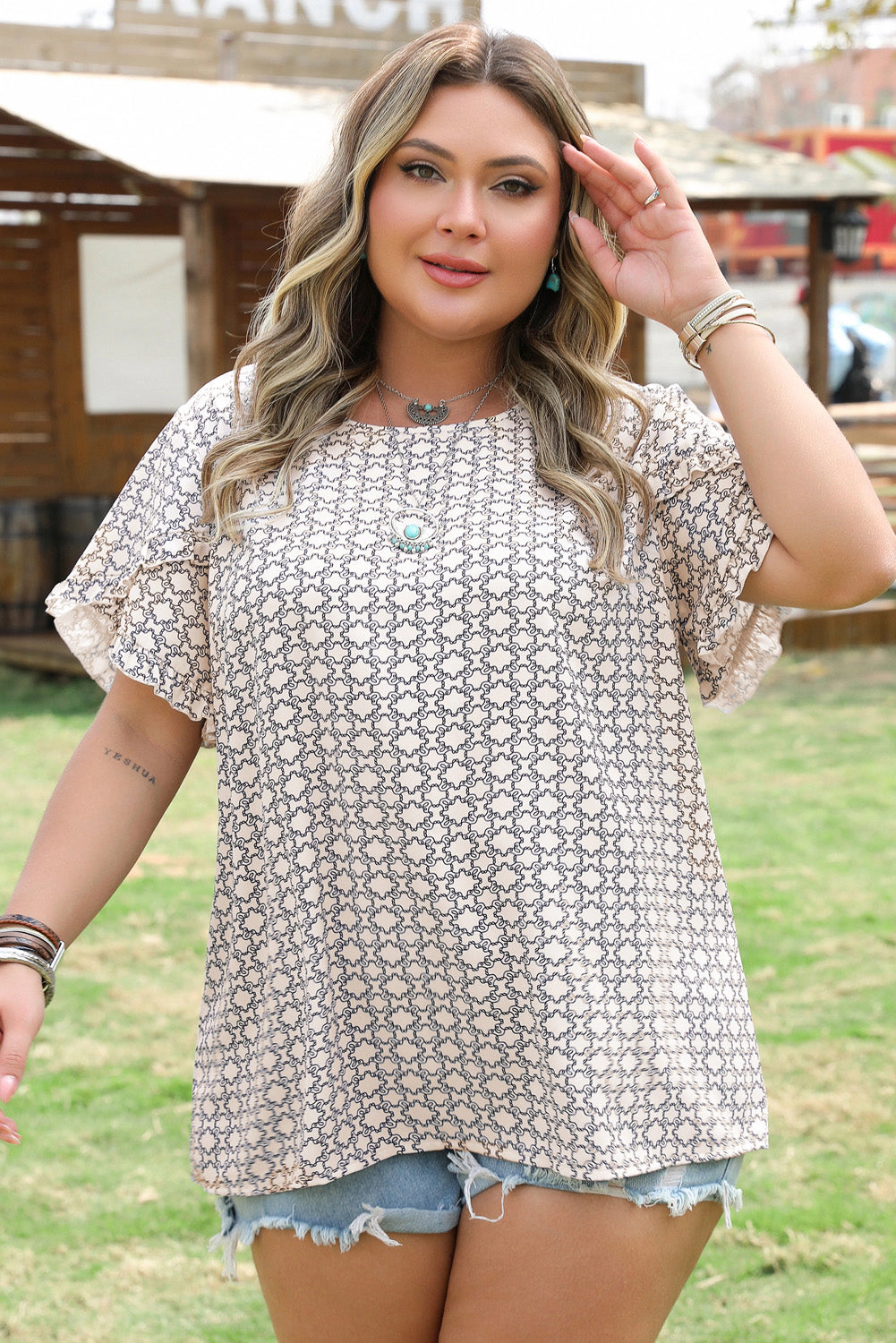 Threaded Pear Women's Faith Plus Geometric Ruffled Sleeve Blouse