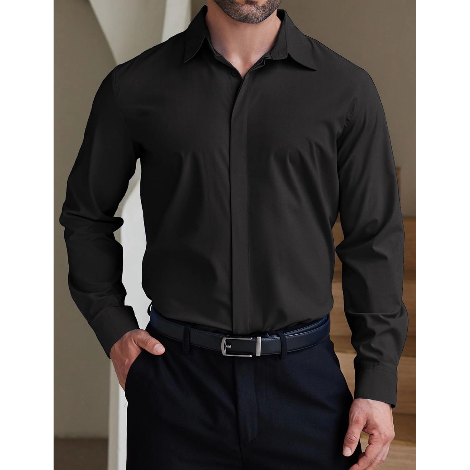 COOFANDY Mens Dressy Long Sleeve Shirt Classic Collar Hidden Placket Business Tops
