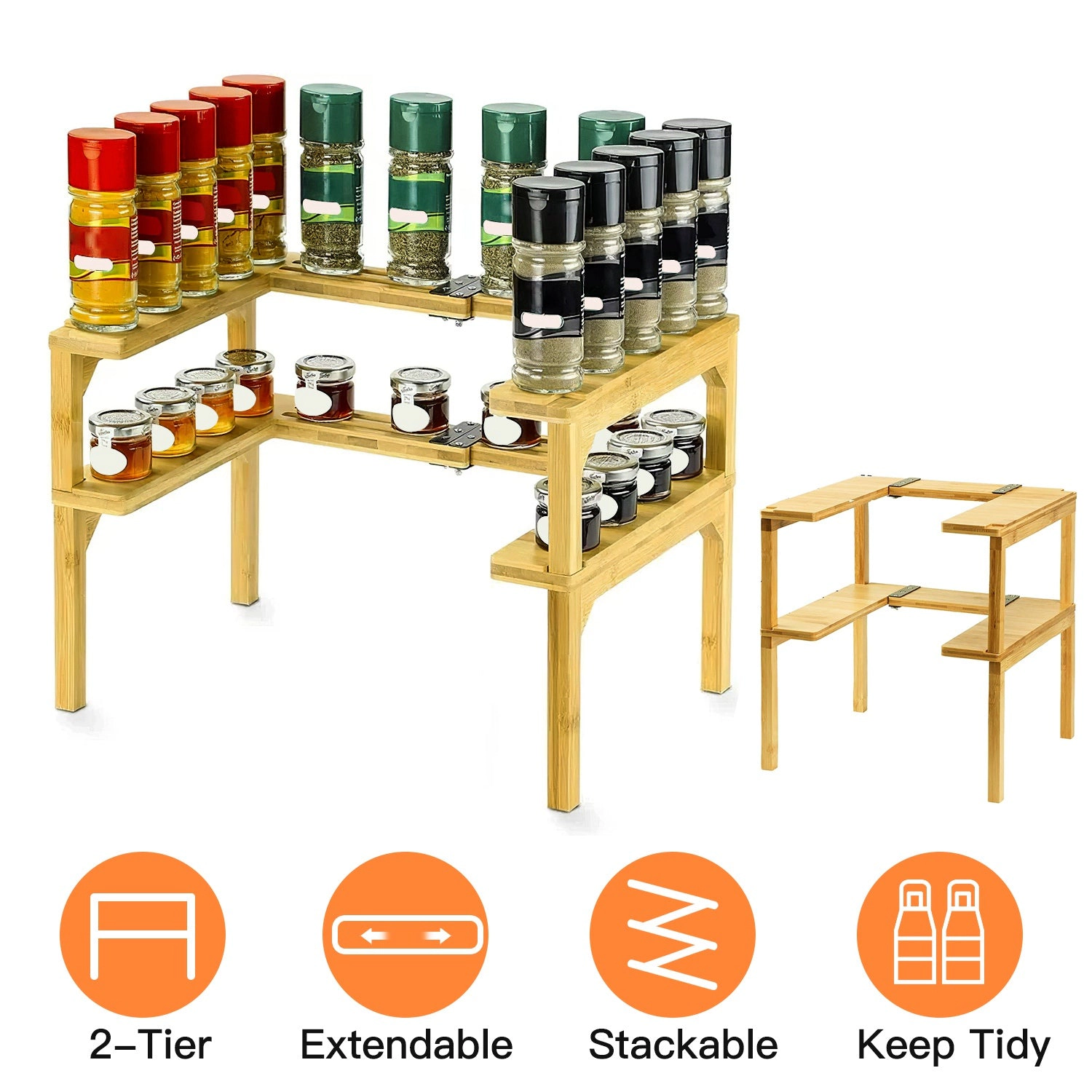 NEW Home Unisex 2-Tier Expandable Bamboo Spice Rack