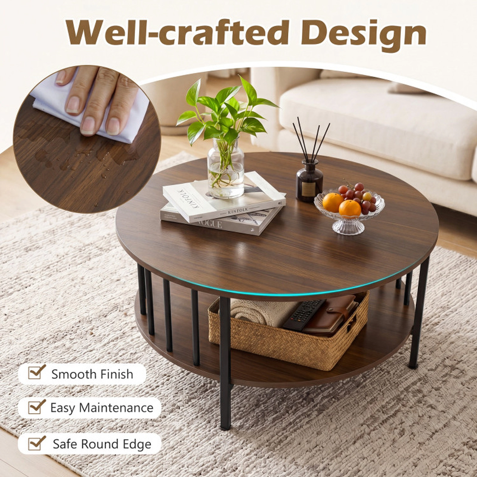 SUGIFT 2-Tier Round Coffee Table with Storage Shelf and Metal Accents 220-lb Capacity Black/Walnut