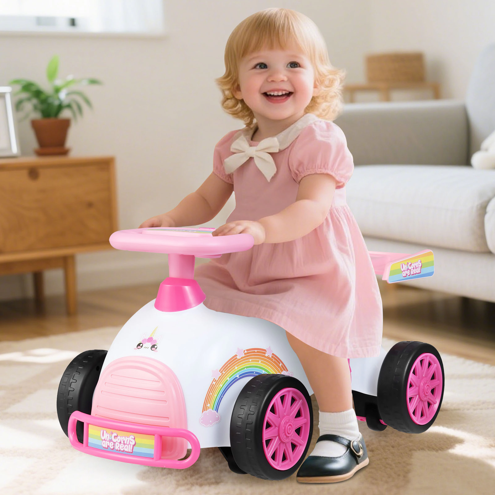 SUGIFT Kids Ride On Car Sliding Toy with Music and Under-Seat Storage 33-lb Capacity Ages 19-36 Months Pink & White
