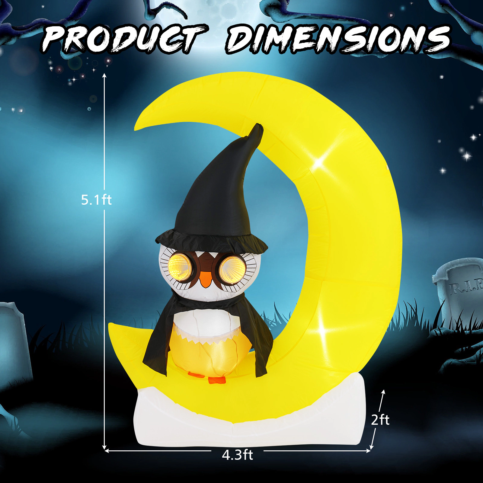 Glintex Inflatable Owl on Crescent Moon with Tunnel Eye Lights and IP44 Rating, Multicolor