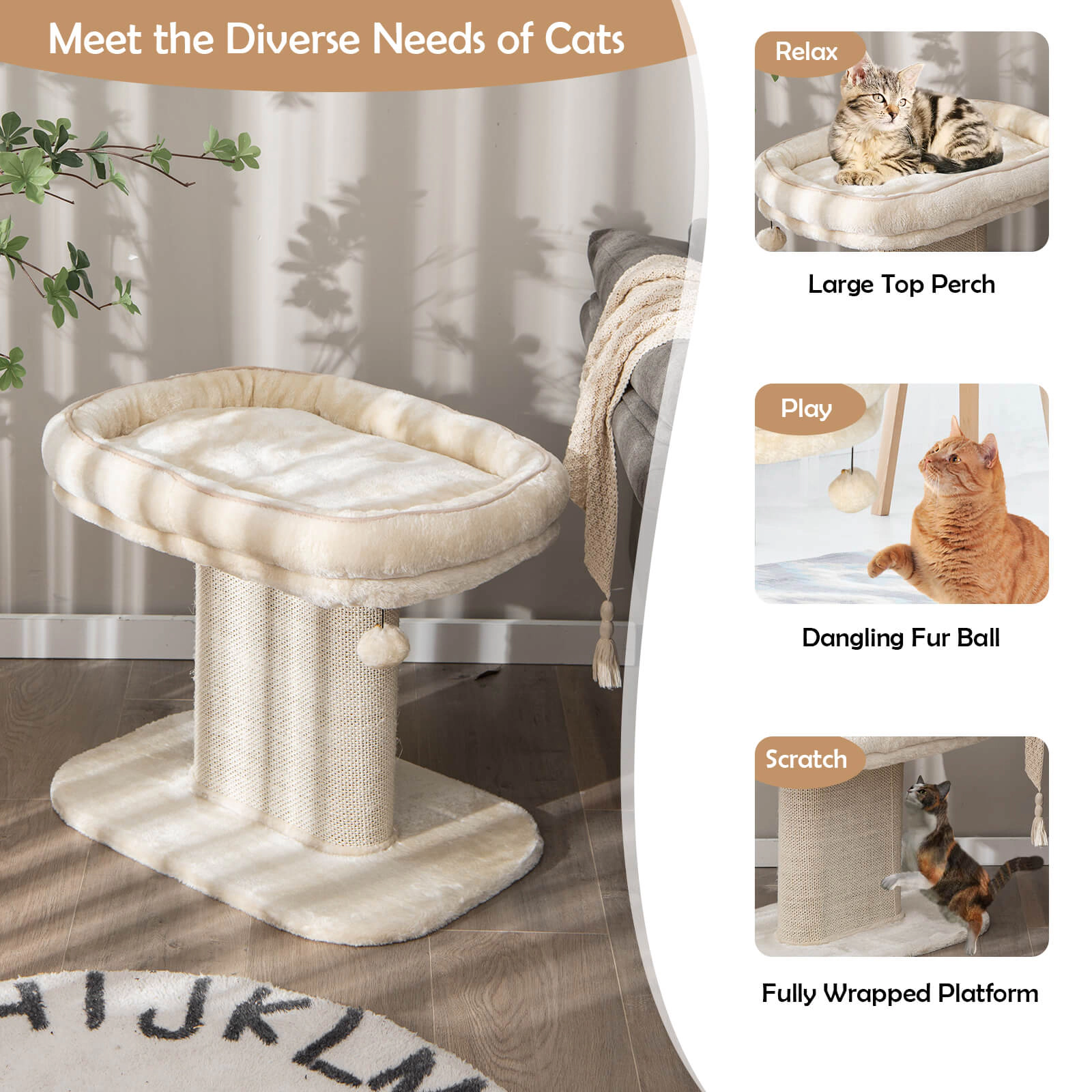 SUGIFT 19.5-in Beige Modern Cat Tree Tower with 22.5-in Plush Perch and Sisal Scratch Plate 23-in Base W