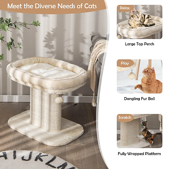 SUGIFT 19.5-in Beige Modern Cat Tree Tower with 22.5-in Plush Perch and Sisal Scratch Plate 23-in Base W