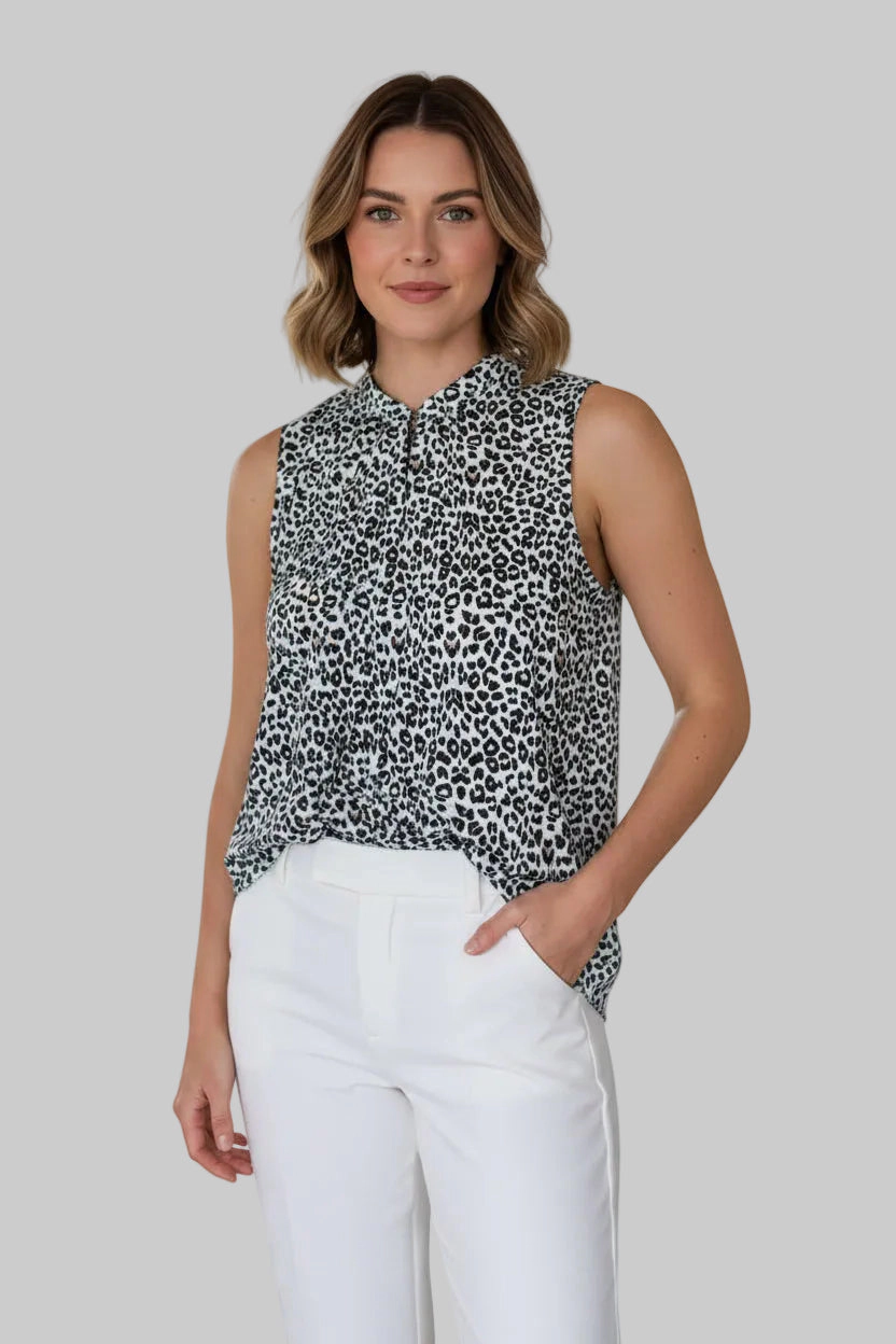 DressAtR Women's Sleeveless Button Front Opening Leopard Print Blouse