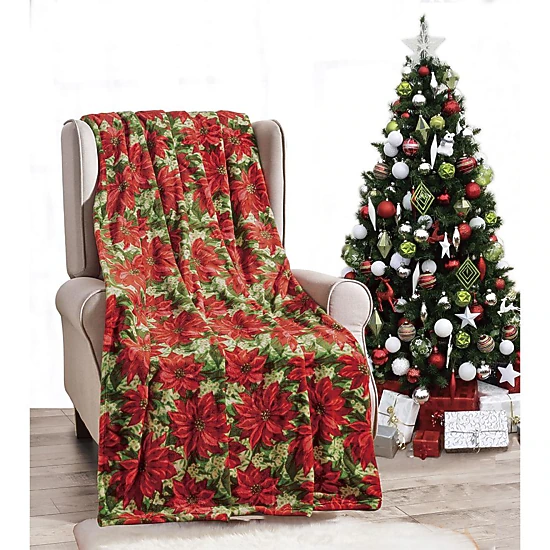 Plazatex Christmas plush Decorative Poinsettia Machine Washable Throw 50" x 60" Red