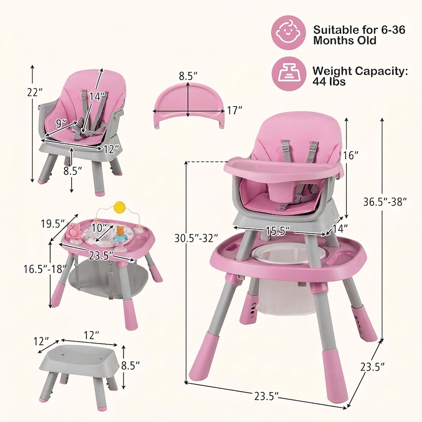 Convertible Baby High Chair and Kids Learning Table Double-Sided Craft and Building Block Tabletop 6 to 36 Months Pink