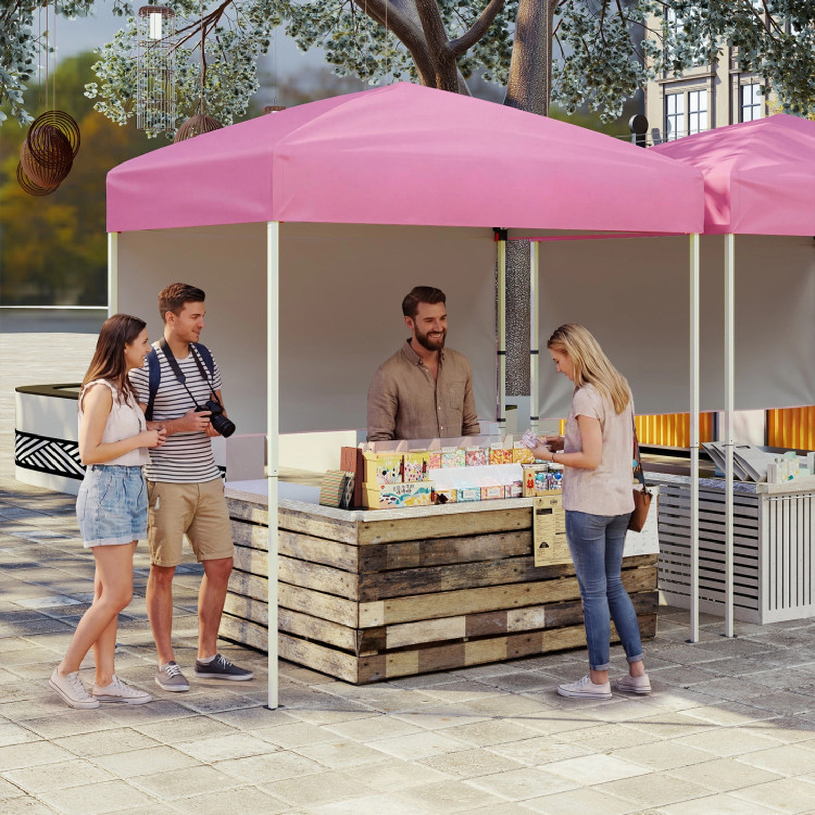 SUGIFT Pink Adjustable Folding Pop Up Canopy Tent with 1 Half Sidewall and Anchor Plates 6-ft W 4-ft D 6.6-ft H