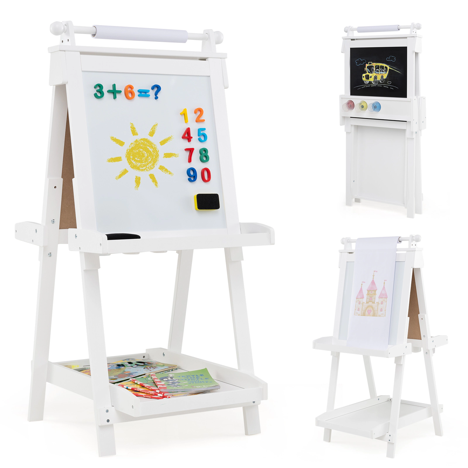 SUGIFT White Chalkboard Magnetic Whiteboard and Storage Trays 3-in-1 Kids Folding Art Easel