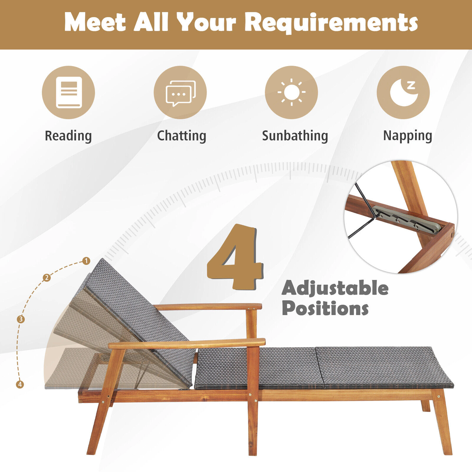 LJG Patio Rattan Lounge Chair with 4-Position Adjustable Backrest