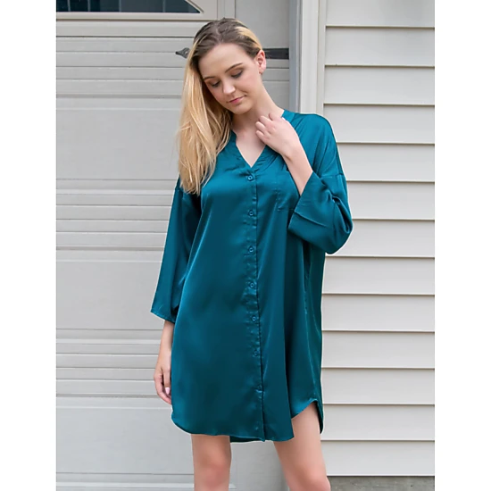 Ekouaer Sleepshirt Women V Neck Satin Nightgown Cute Boyfriend Button Night Shirt Soft Loose Sleep