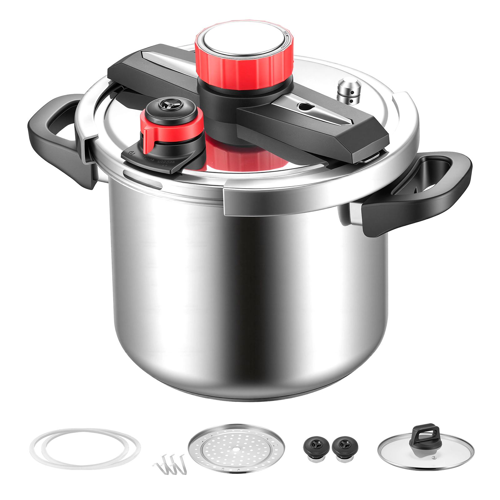 HONGGE 8Qt Stainless Steel Stovetop Pressure Cooker & Canner with Steaming Rack, Tempered Glass Lid, 3 Settings