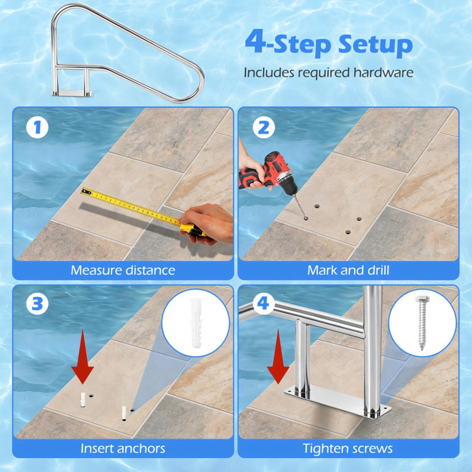 SUGIFT Curved Pool Handrail with Mount Base Plate for Swimming Pools and Hot Tubs Silver
