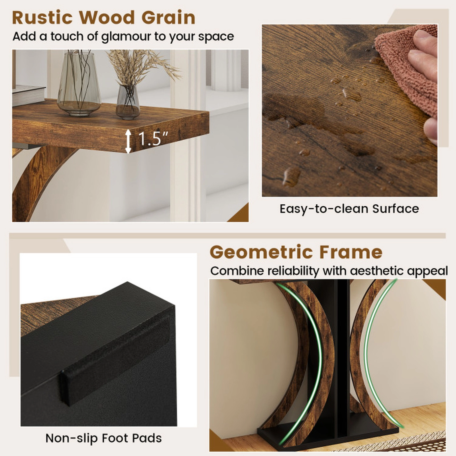 SUGIFT 39.5-in Rectangular Console Table with Geometric Frame 110-lb Tabletop Capacity 2 Anti-Toppling Kits Rustic Brown