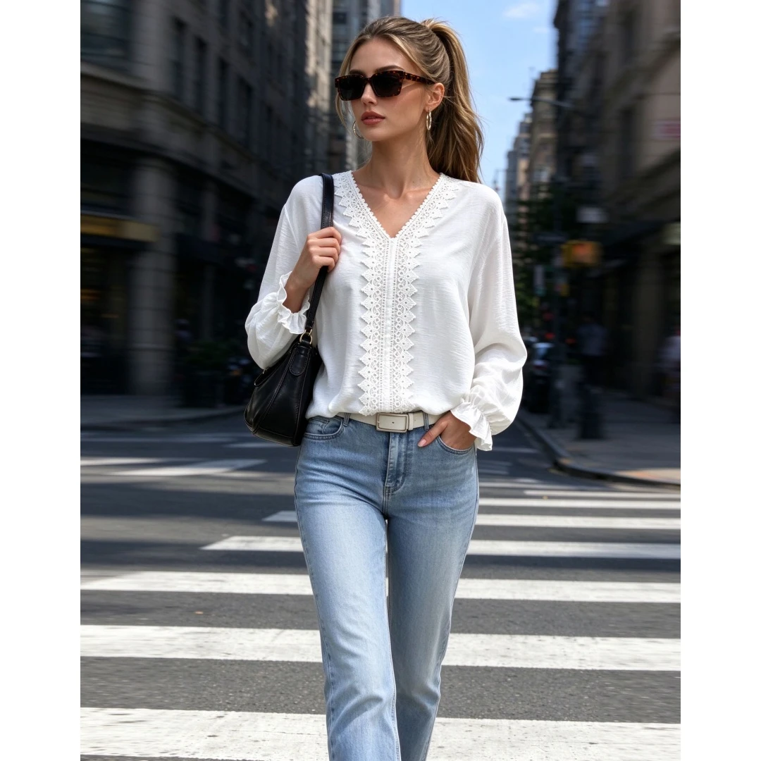 Coolmee Women's V-Neck Long Sleeve Lace Spliced Blouse Top All Season