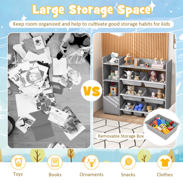 Hivvago 4-Tier Kids Bookshelf and Toy Storage Rack with 8 Toy Organizer Bins-Grey