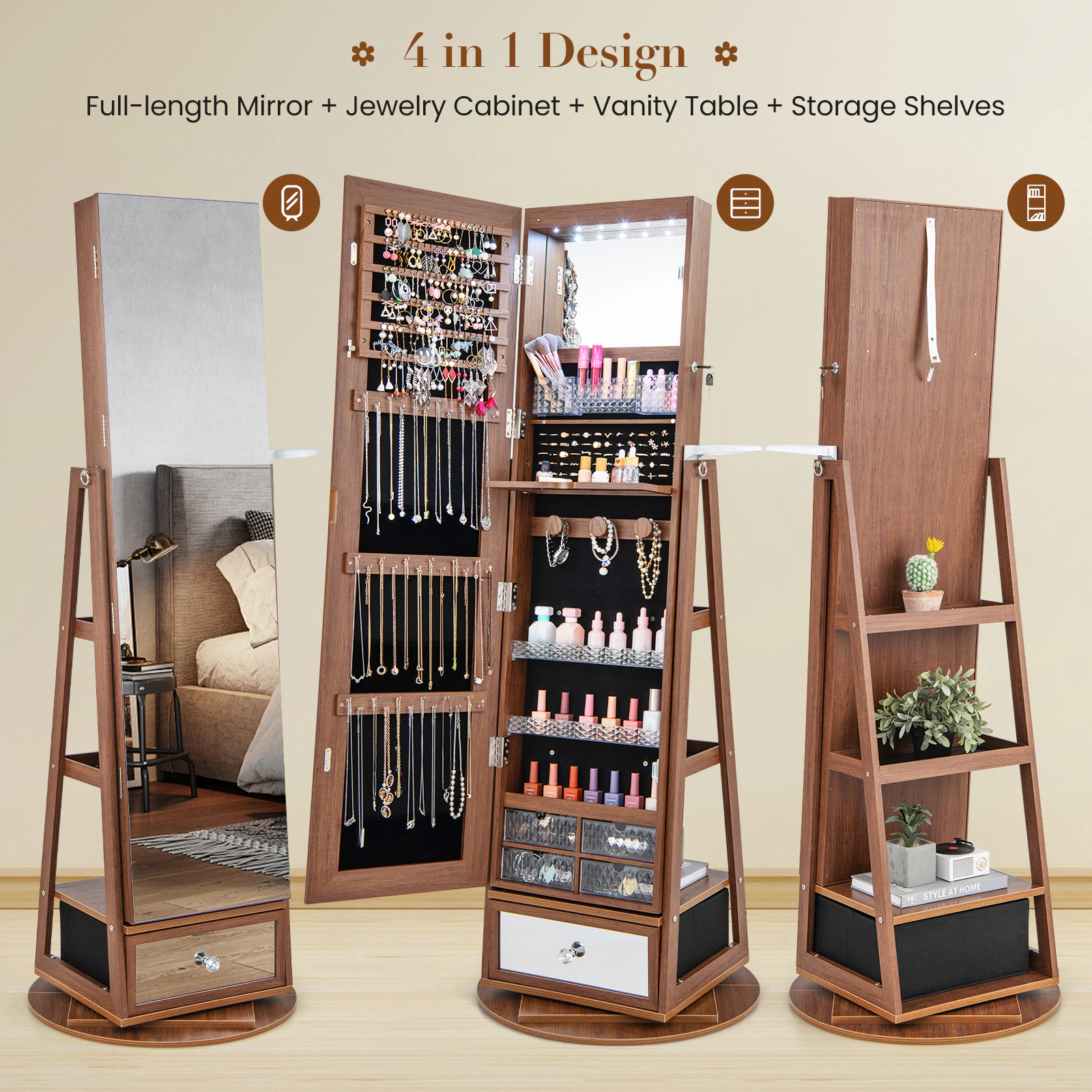 SUGIFT Walnut 360-Degree Swivel Lockable Jewelry Cabinet with Full-Length Mirror LED Lights and Dryer Holder