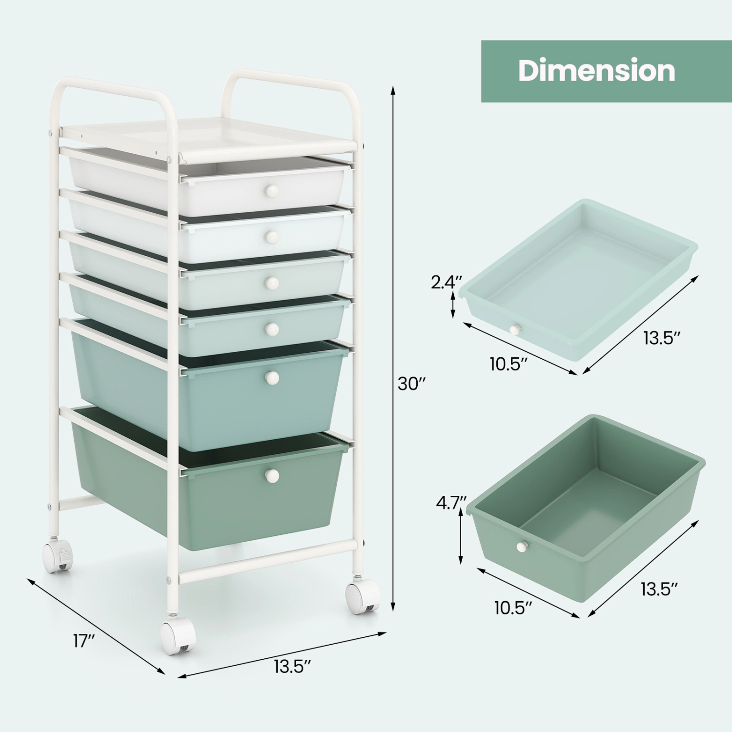 SUGIFT Green Gradient 6-Drawer Rolling Storage Cart Mobile Plastic Drawer Organizer with Locking Casters