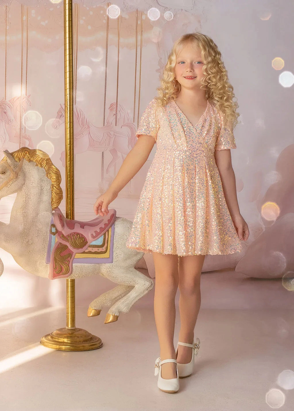 Faeella Girls Shine Like a Star Peach Sequin Birthday Dress