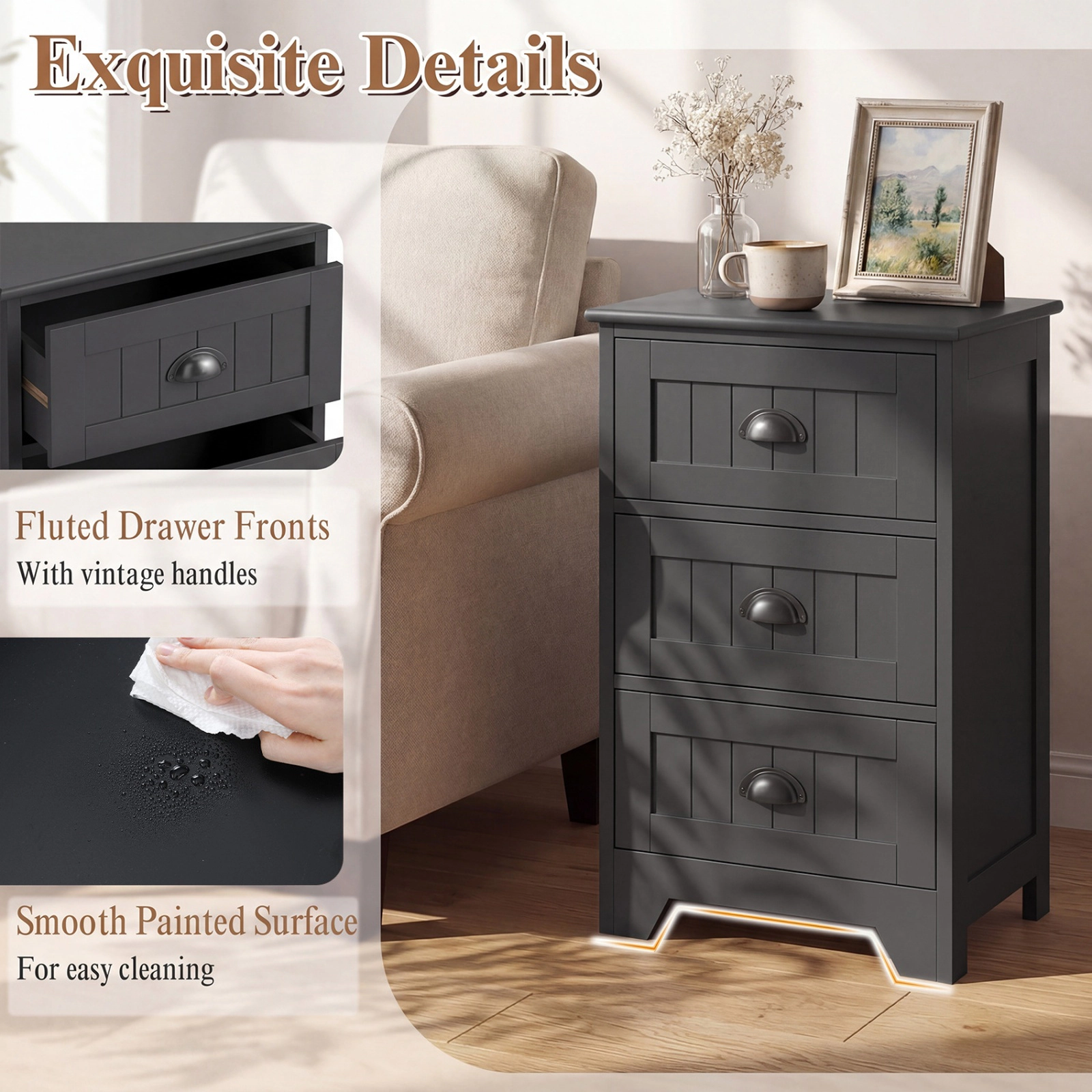 SUGIFT 3-Drawer Storage Nightstand with Concealed Drawers 18-in W 12-in D 27-in H in Black