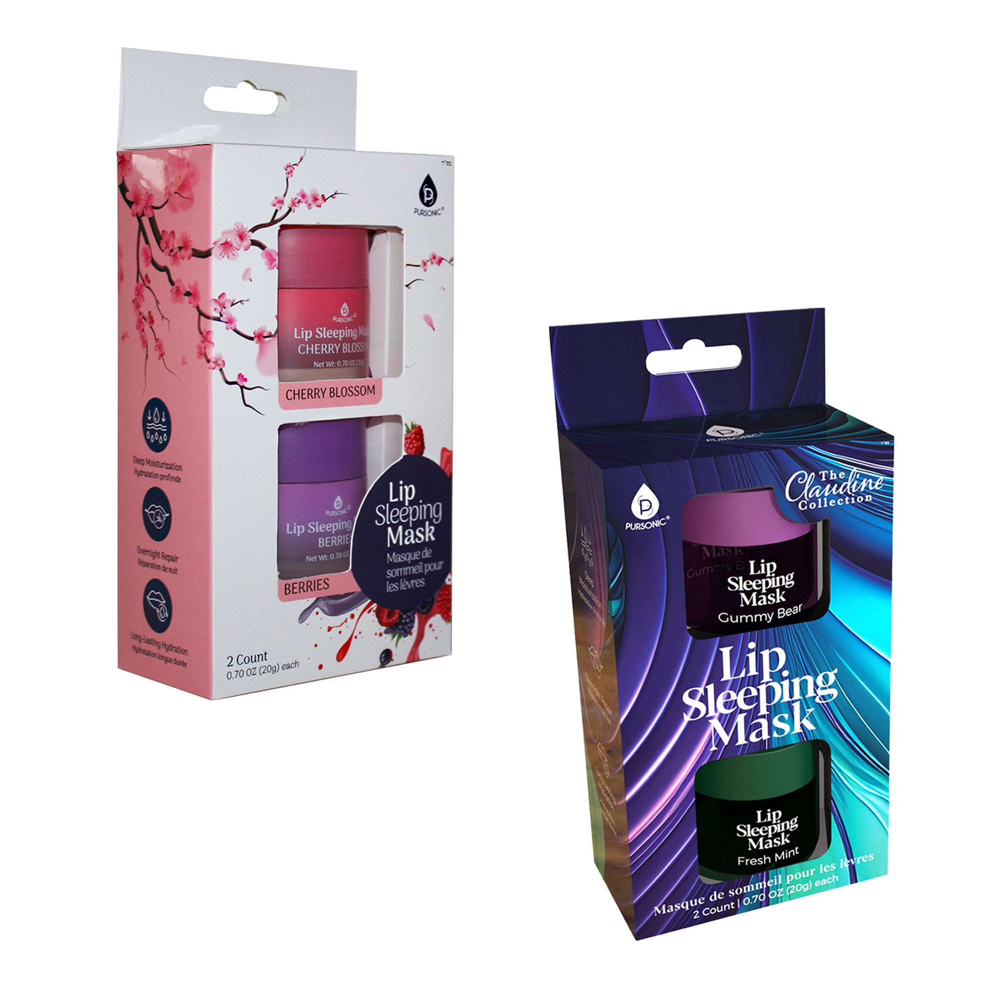 Pursonic Women's Hydrating Lip Care Bundle: Overnight Repair Lip Masks, Cherry Blossom, Berries & Mint 4-Pack