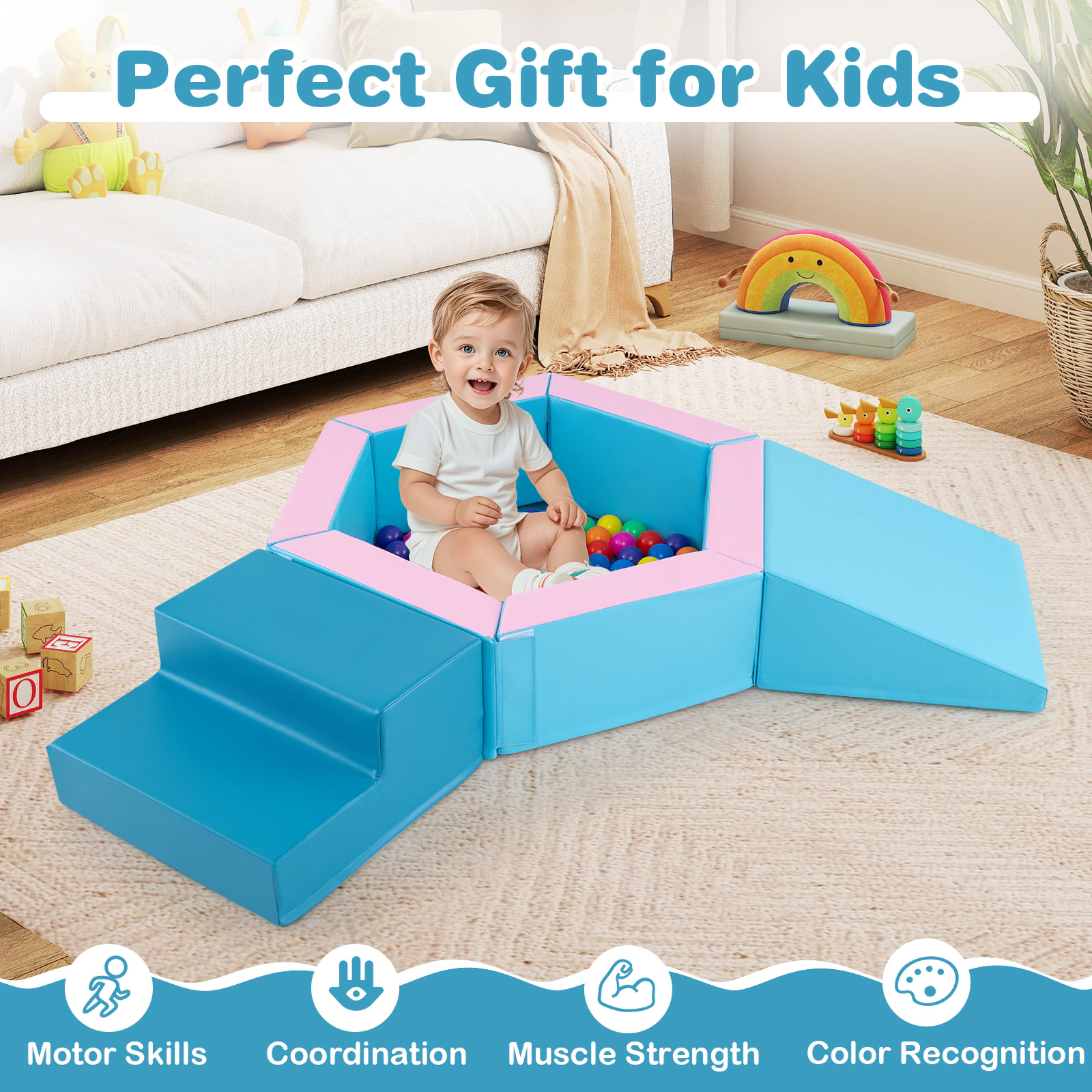 SUGIFT 3-Piece Baby Foam Climbing Blocks Climb and Crawl Set with Ball Pit Ages 1+ Blue
