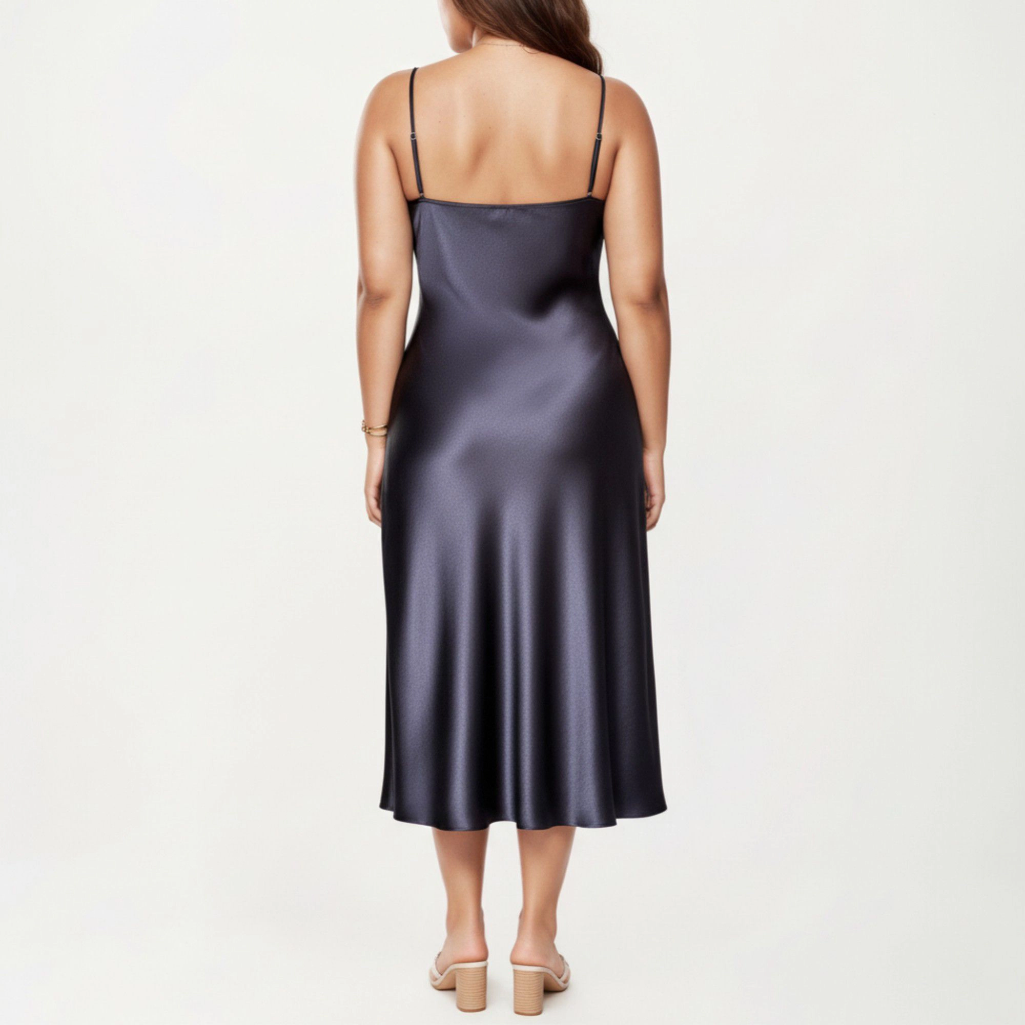 Anna-Kaci Women's Satin Slip Midi Dress with Draped Neckline Adjustable Straps and Soft Body-Skimming Flowing Silhouette