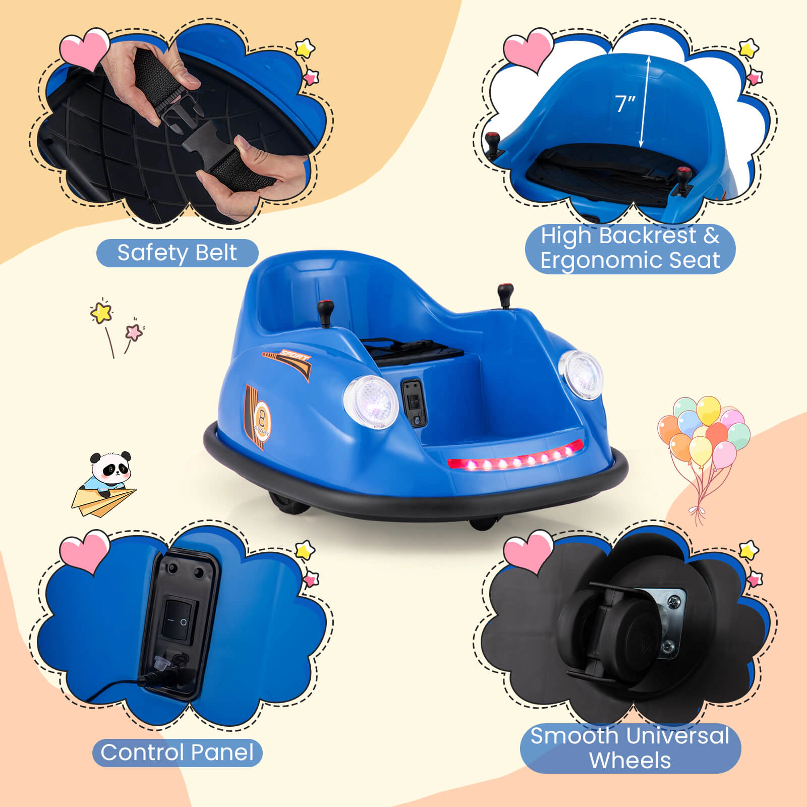 Costway Ride on Bumper Car for Kids with Remote Control 362 Degree Spin LED Light Navy