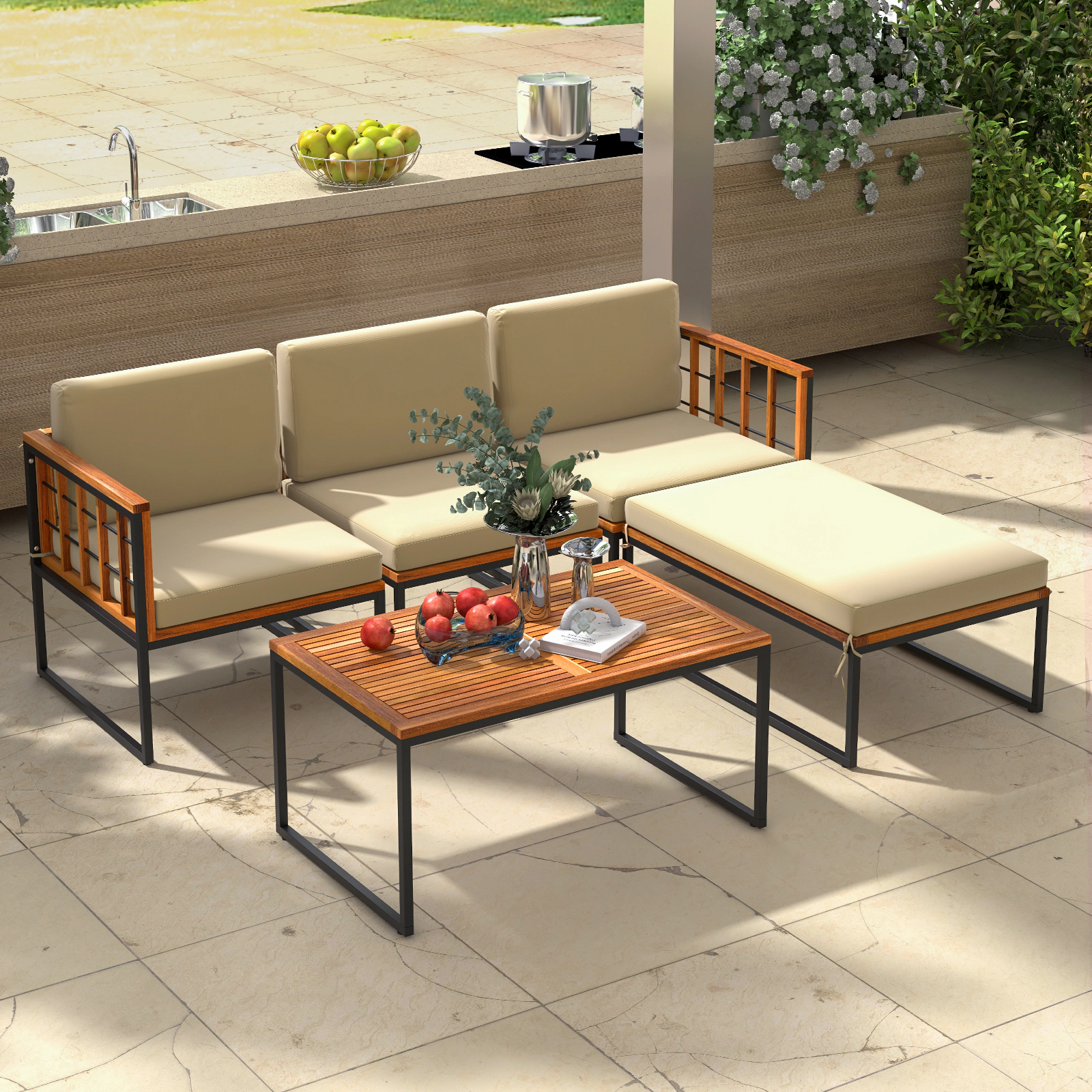 LJG 5 Pieces Patio Furniture Set Acacia Wood Sectional Set with Heavy-Duty Metal Frame