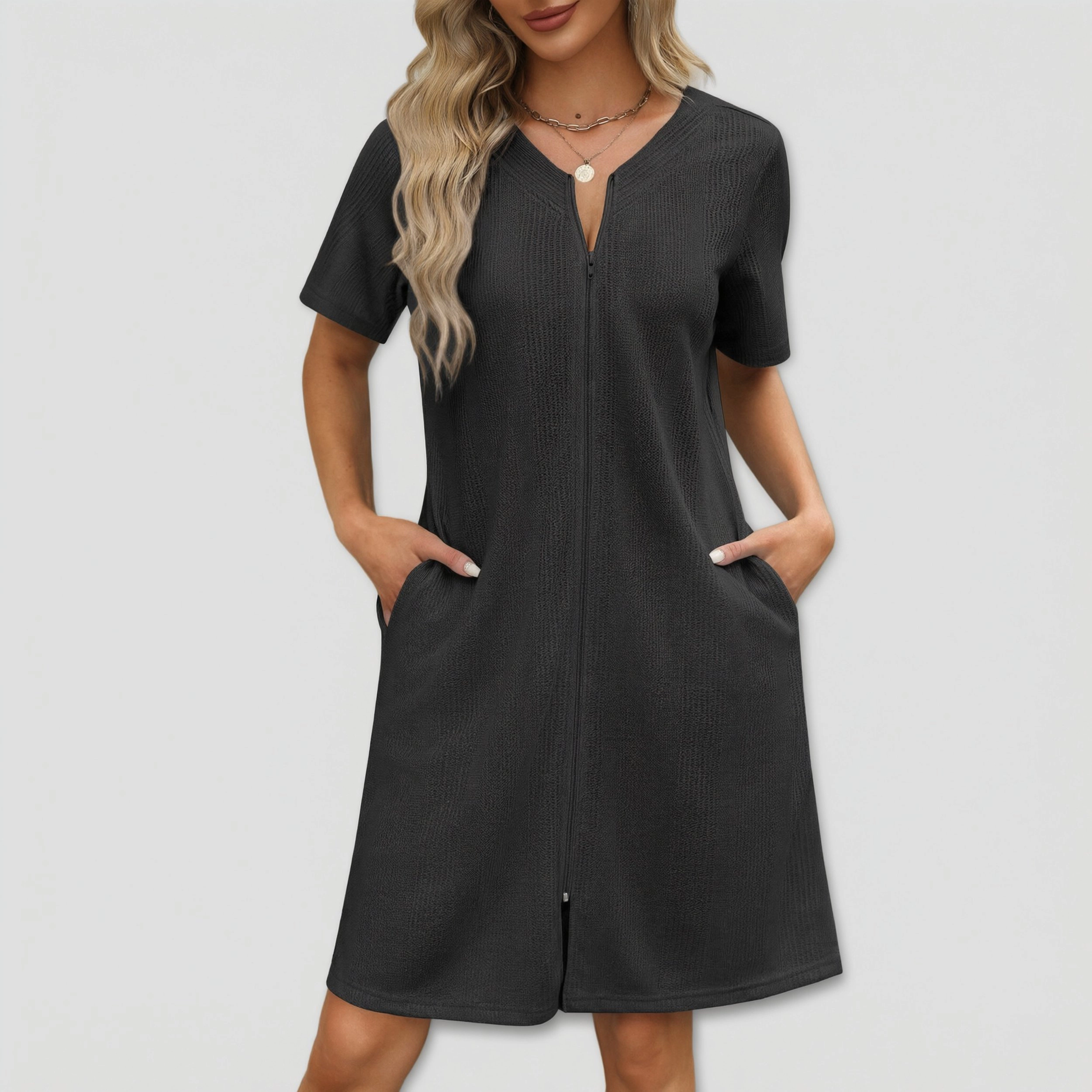 Ekouaer Womens Zipper Robes Waffle Short Bathrobe House Coat with Pockets Soft Nightgown