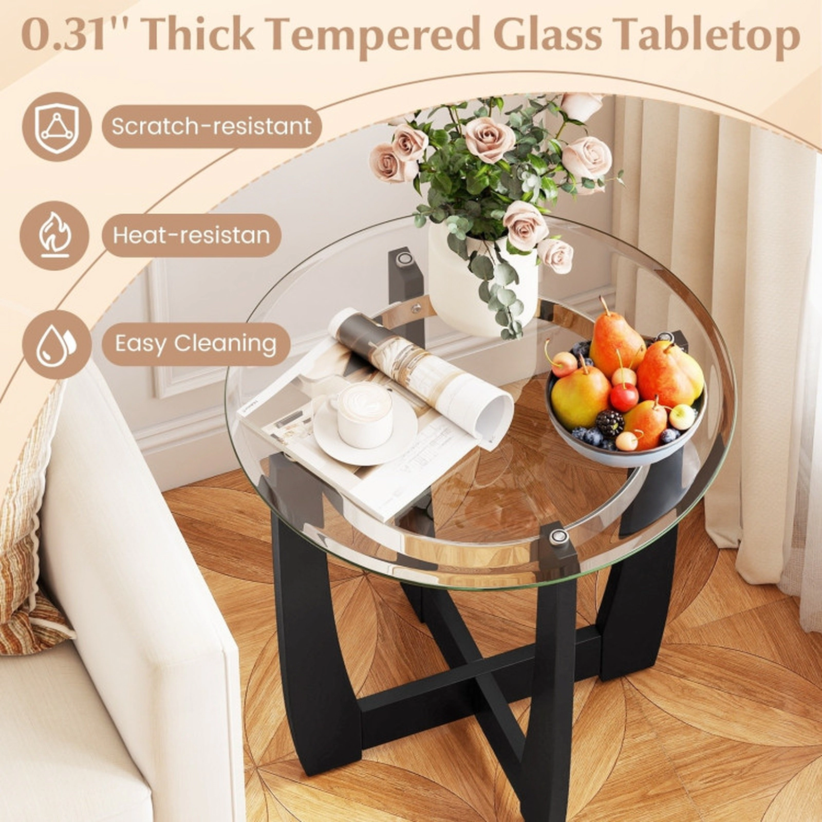 SUGIFT 3-Piece Black Tempered Glass Coffee and Side Table Set with Locking Casters