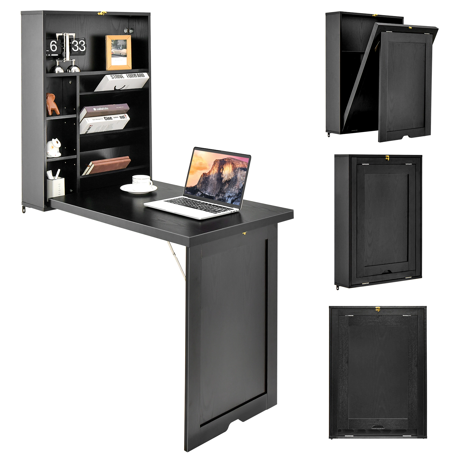 Costway Wall Mounted Computer Convertible Desk Floating w/ Storage Bookcases White