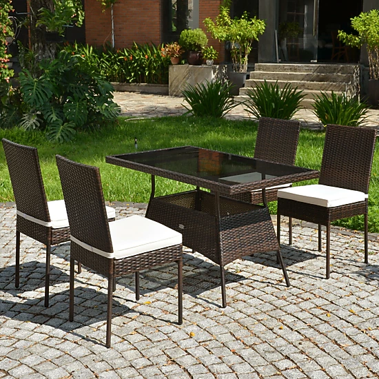 LJG 5 Pieces Rattan Dining Set Glass Table High Back Chair