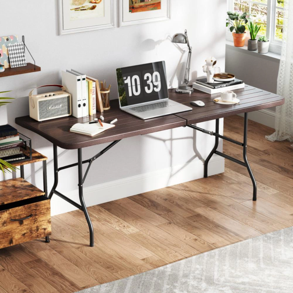Hivvago 6 Feet Folding Table With Wood Grain Hdpe Tabletop And Safe Lock Mechanism