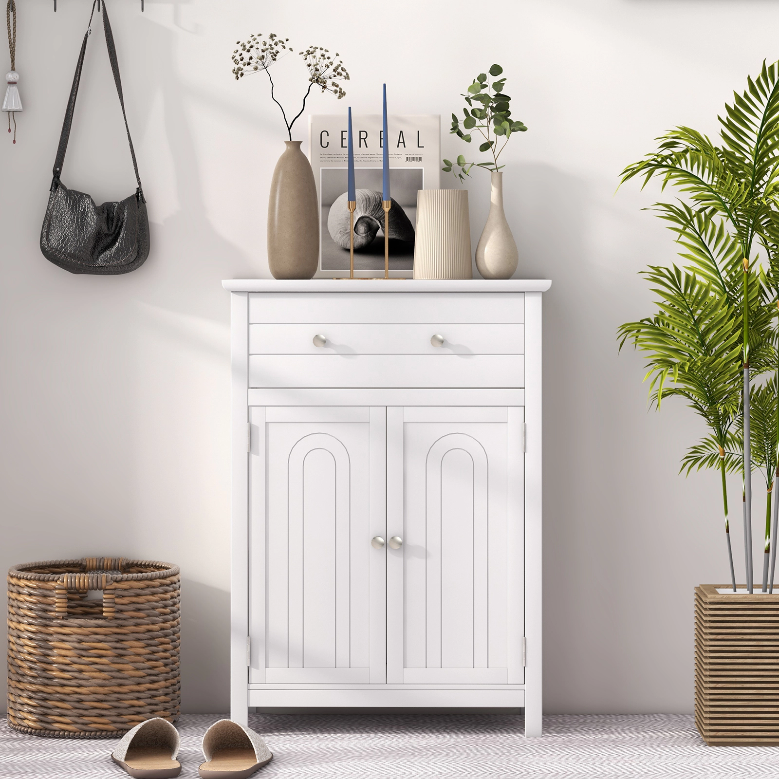 SUGIFT Free Standing Bathroom Storage Cabinet with Large Drawer 110-lb Tabletop Capacity Black/Gray/White
