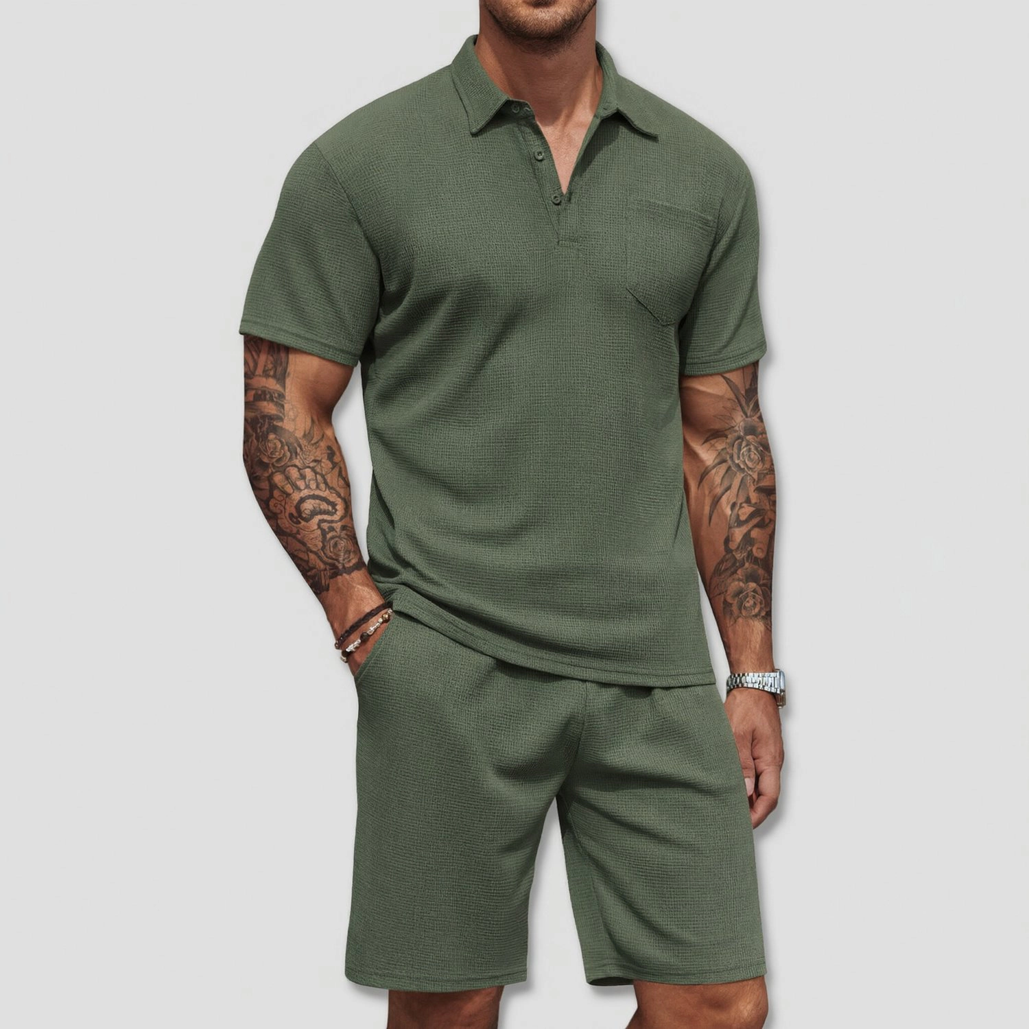 COOFANDY Mens Short Sleeve Polo Shirt Shorts Set Chest Pocket Casual  Outfits