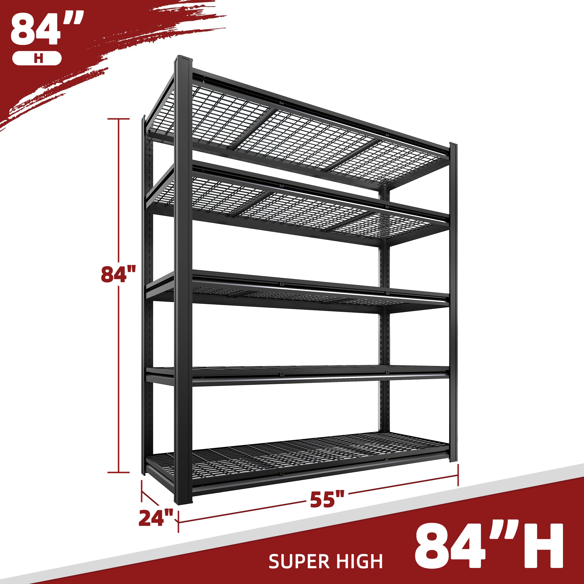 Flynama 5-Tier Freestanding Garage Shelving, Heavy Duty Steel, Adjustable, Black (55"W x 84"H x 24"D)