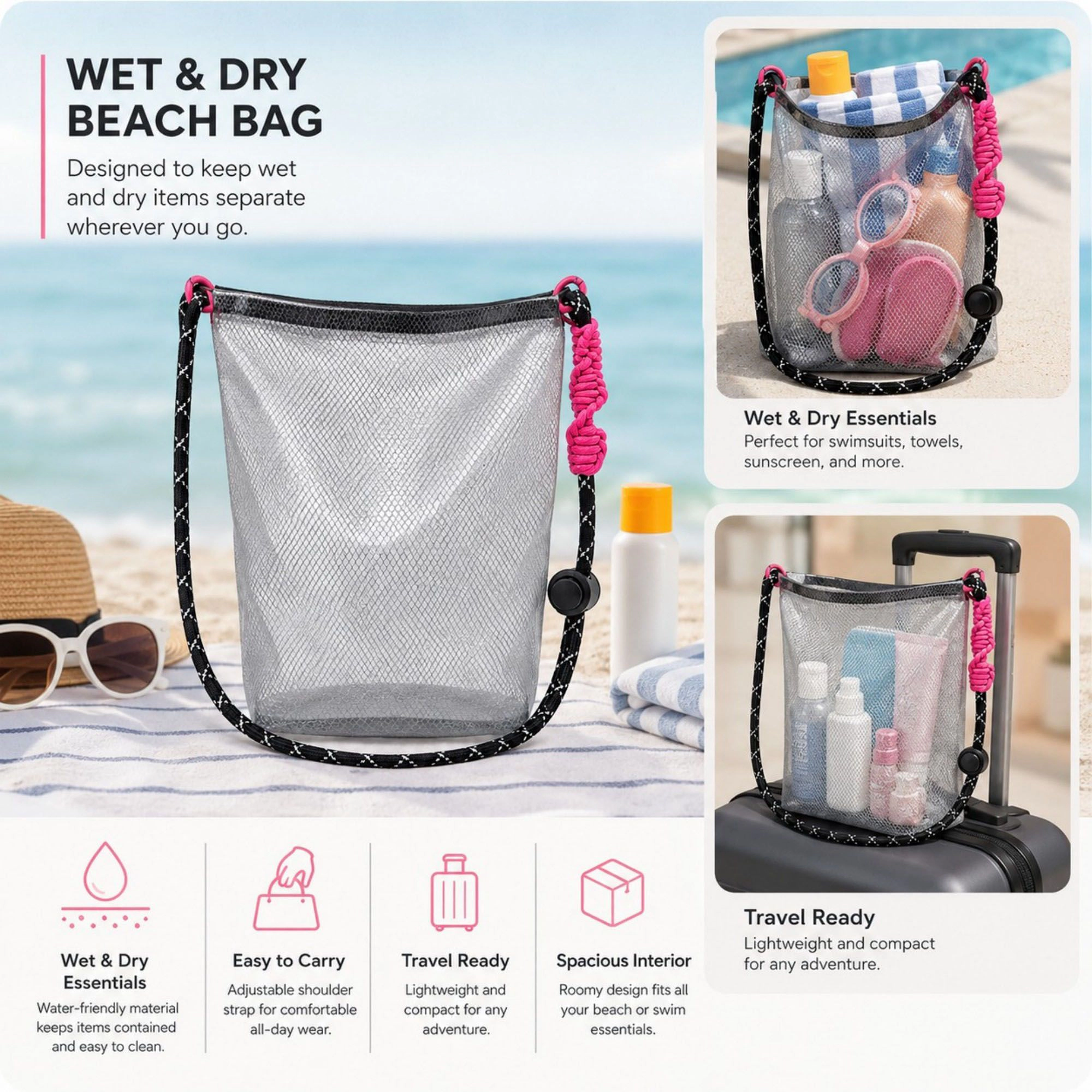 Alilang Women's Mesh Wet Dry Crossbody Beach Bag with Adjustable Strap